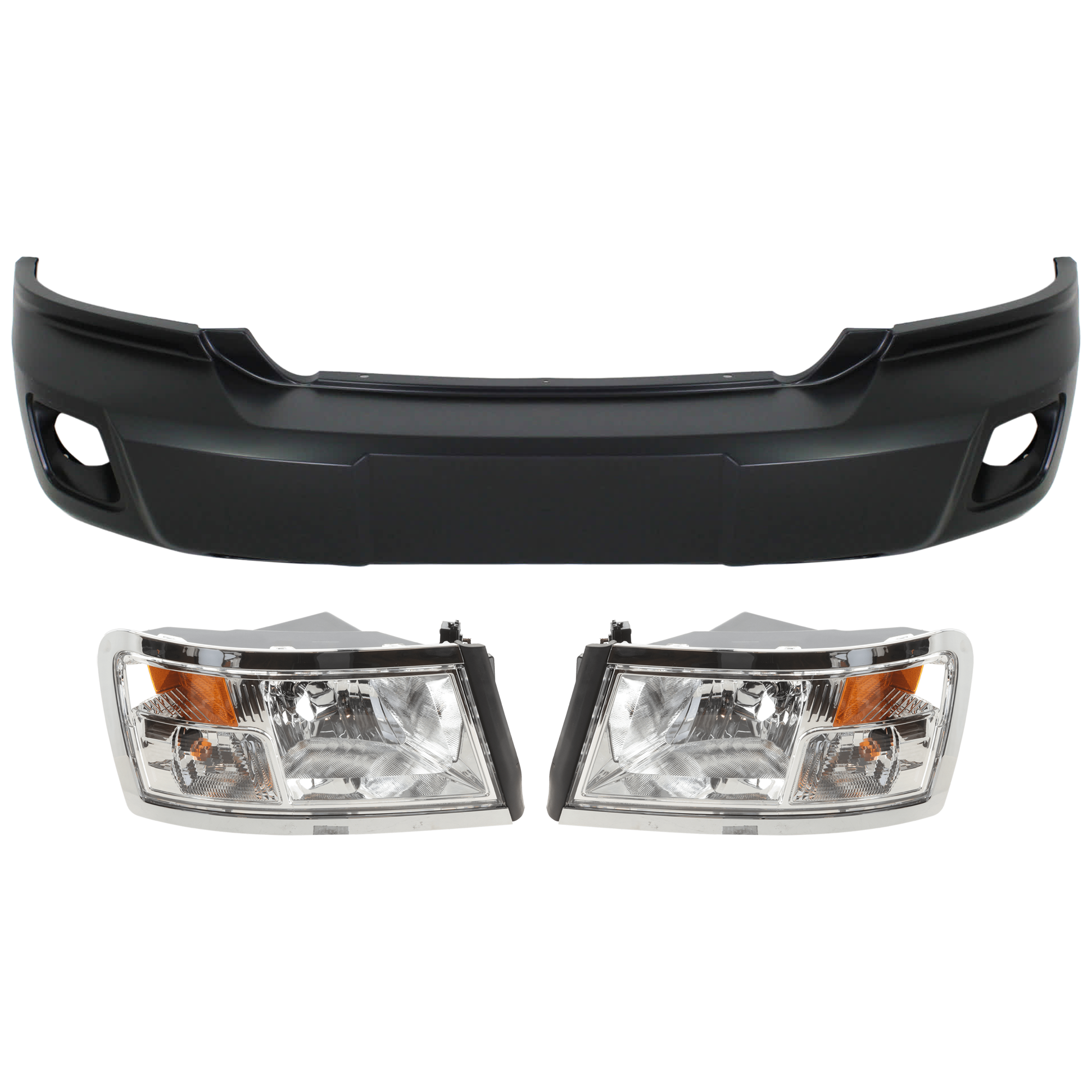 AM DAKOTA 08-10 DAKOTA 11-11 FRONT BUMPER COVER 3 pc Kit Primed w Fog Light Holes w o Tow Hook Holes Code MBA with Headlight SKU KIT 072926 NM82 Partslink CH1000972 CH2519128 CH2518128 OEM 68029832AB 55112244AF 55112244