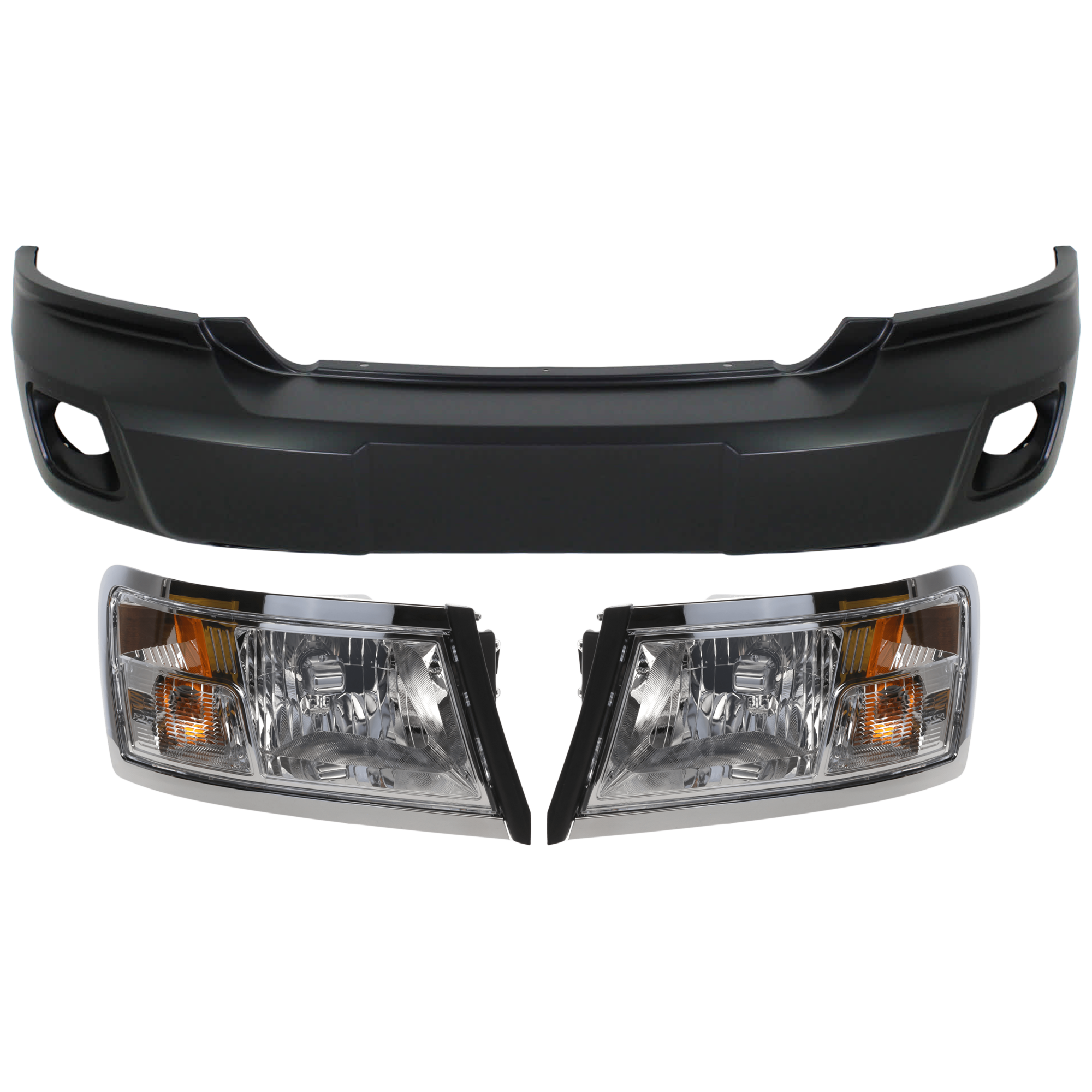 AM DAKOTA 08-10 DAKOTA 11-11 FRONT BUMPER COVER 3 pc Kit Primed w Fog Light Holes w o Tow Hook Holes Code MBA with Headlight SKU KIT 072926 NM83 Partslink CH1000972 CH2519128 CH2518127 OEM 68029832AB 55112244AF 55112244