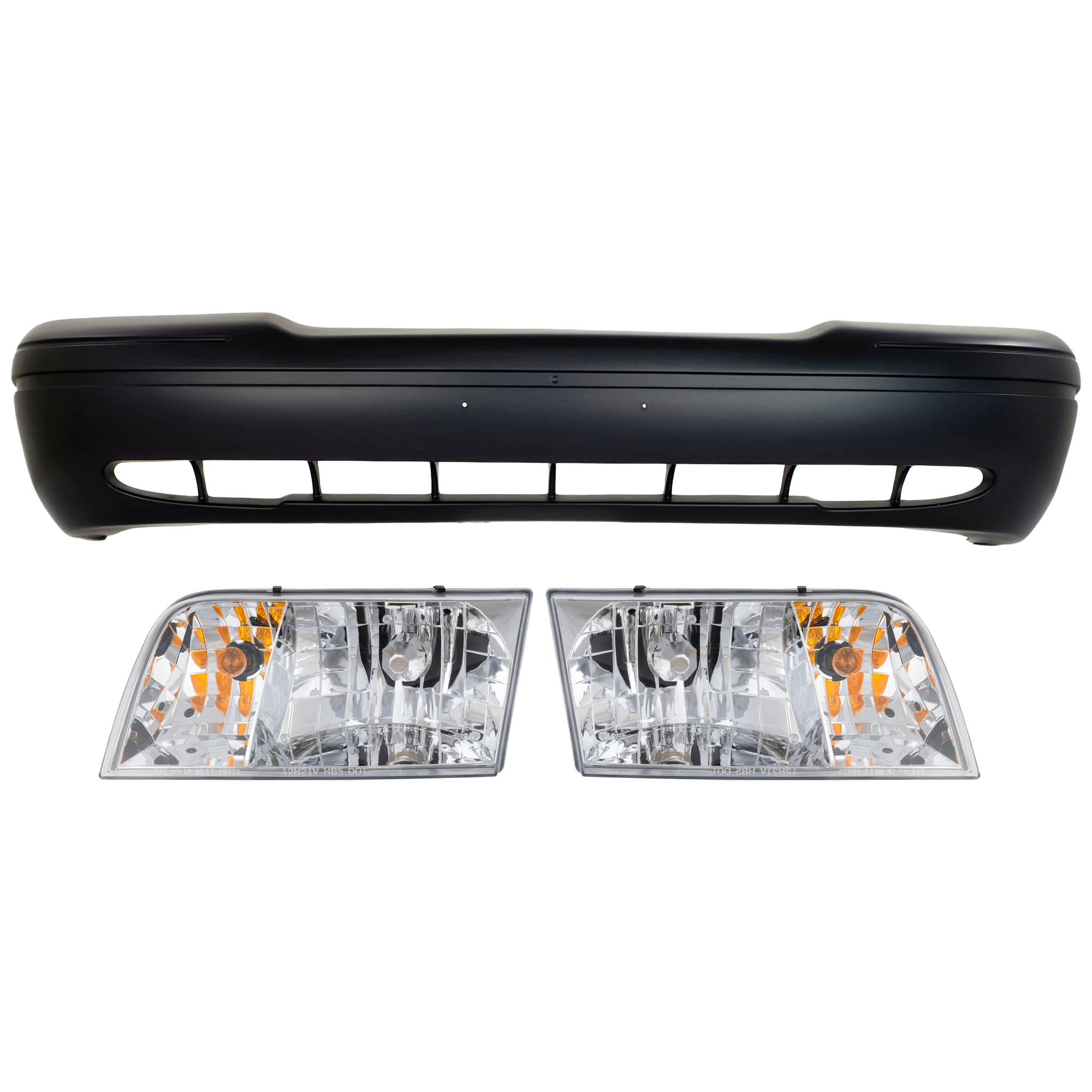 AM CROWN VICTORIA 98-05 FRONT BUMPER COVER 3 pc Kit Primed w Apron with Headlight SKU KIT 072926 NM88 Partslink FO1000455 FO2502200 OEM 3W7Z17D957CA 4W7Z13008B PFM 4W