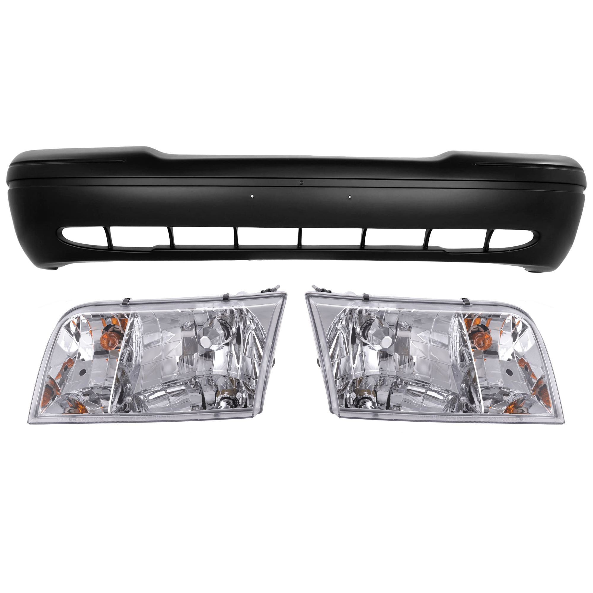 AM CROWN VICTORIA 98-05 FRONT BUMPER COVER 3 pc Kit Primed w Apron with Headlight SKU KIT 072926 NM89 Partslink FO1000455 FO2503200 FO2502200 OEM 3W7Z17D957CA 4W7Z13008B 4W7Z13
