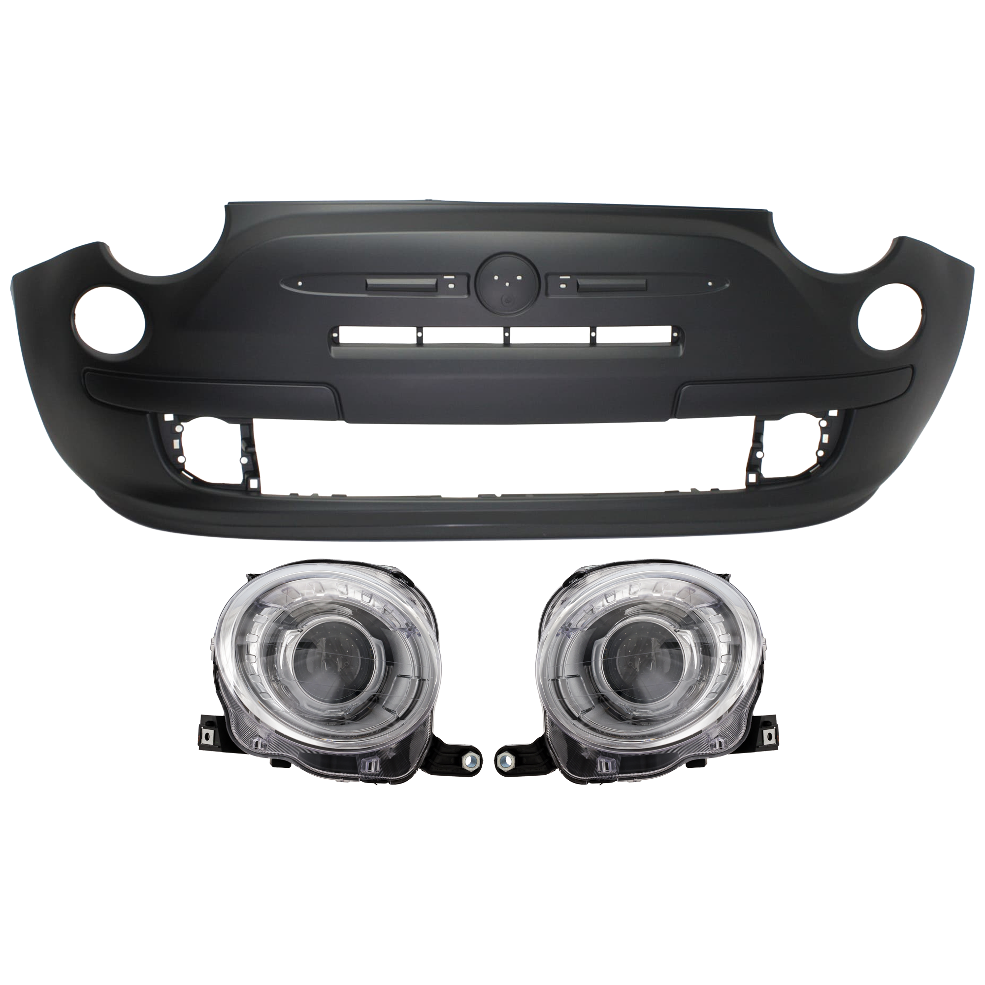AM FIAT 500-12-17 FRONT BUMPER COVER 3 pc Kit Primed w FL Holes w o Bmper Applique Holes Pop Model with Headlight SKU KIT 072926 NM92 Partslink FI1000100 FI2503100 FI2502100 OEM 1RZ45TZZAB 5182428AE 5182429AE