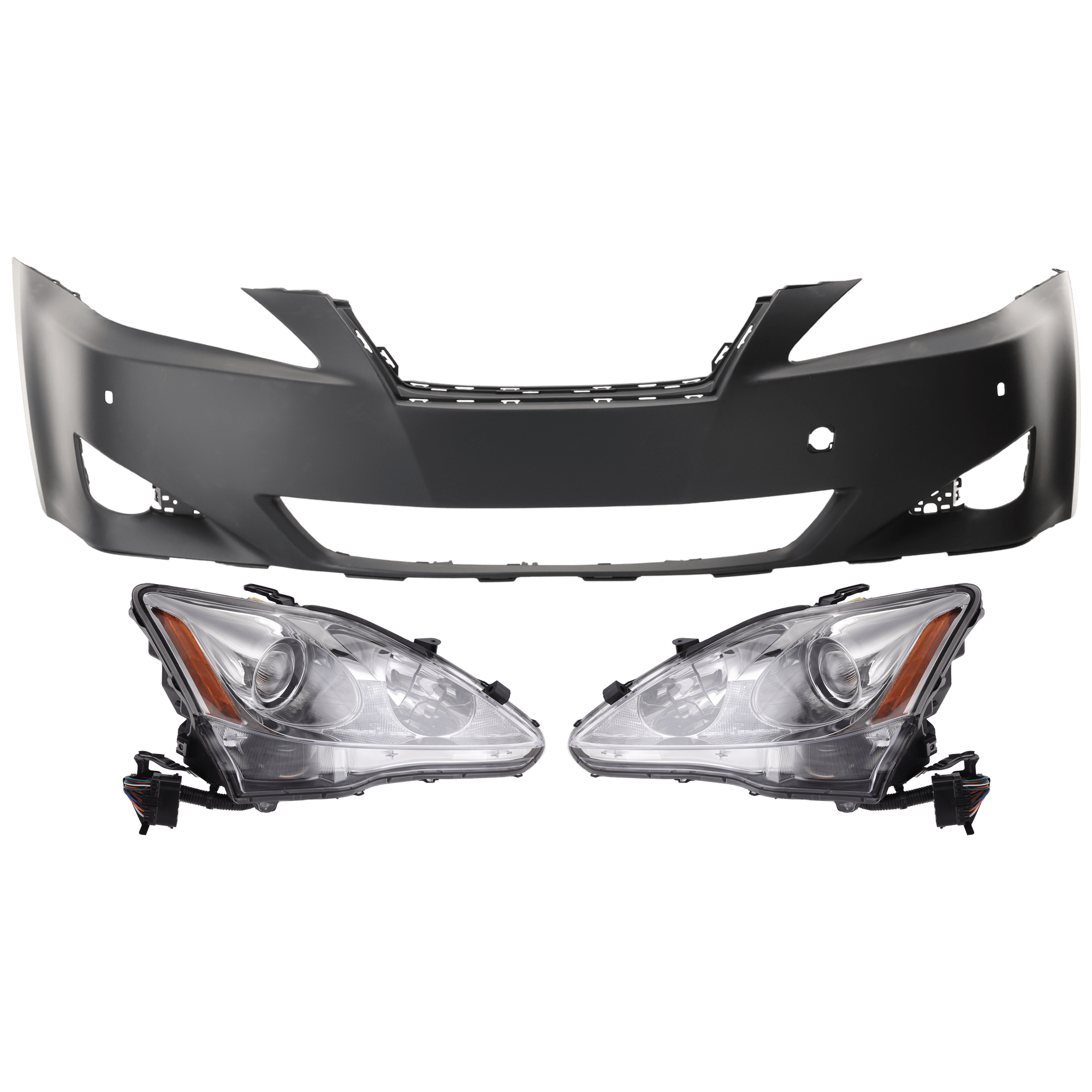 AM IS250 IS350-06-08 HEAD LAMP RH AND LH 3 pc Kit Lens and Housing HID Xenon with Bumper Cover SKU KIT 072926 NM93 Partslink LX2502133 LX2503133 LX1000161 OEM 8107053240-8114053240-52119539