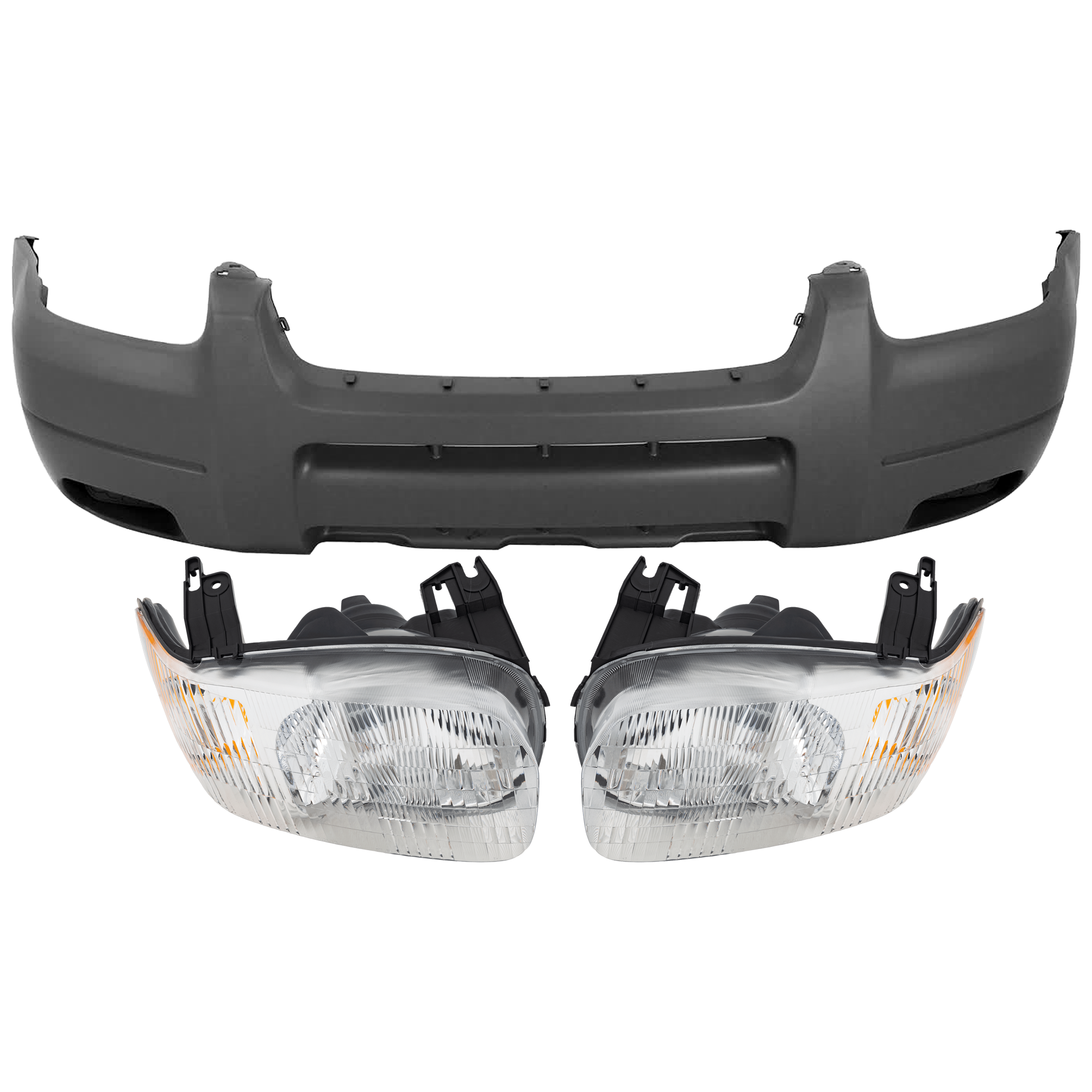 AM ESCAPE 01-04 FRONT BUMPER COVER 3 pc Kit Textured w o Fog Light Holes XLS XLT Models with Headlight SKU KIT 072926 NM94 Partslink FO1000473 FO2519103 FO2518103 OEM YL8Z17D957EAA 4L8Z13008AA 4L8Z
