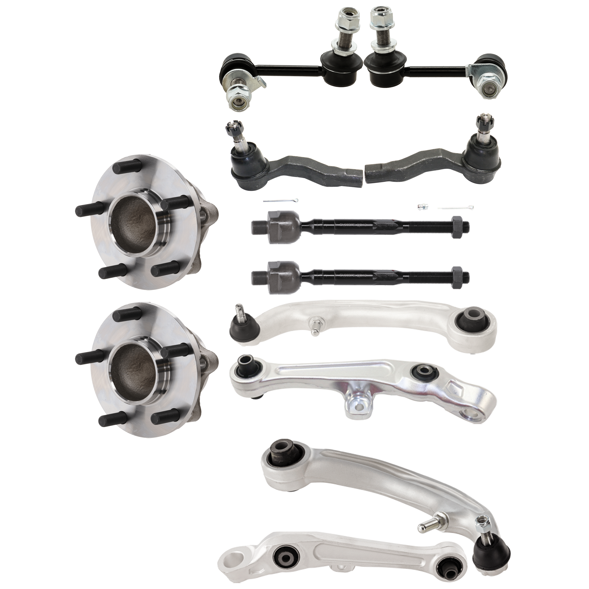 AM 350Z 05-09 G35-05-07 FRONT SUSPENSION KIT RH AND LH 12 pc kit with Control Arm Sway Bar Link Tie Rod End and Wheel Hub SKU KIT 073024-43 OEM 54469CD00C 54469AC70F 54468CD0