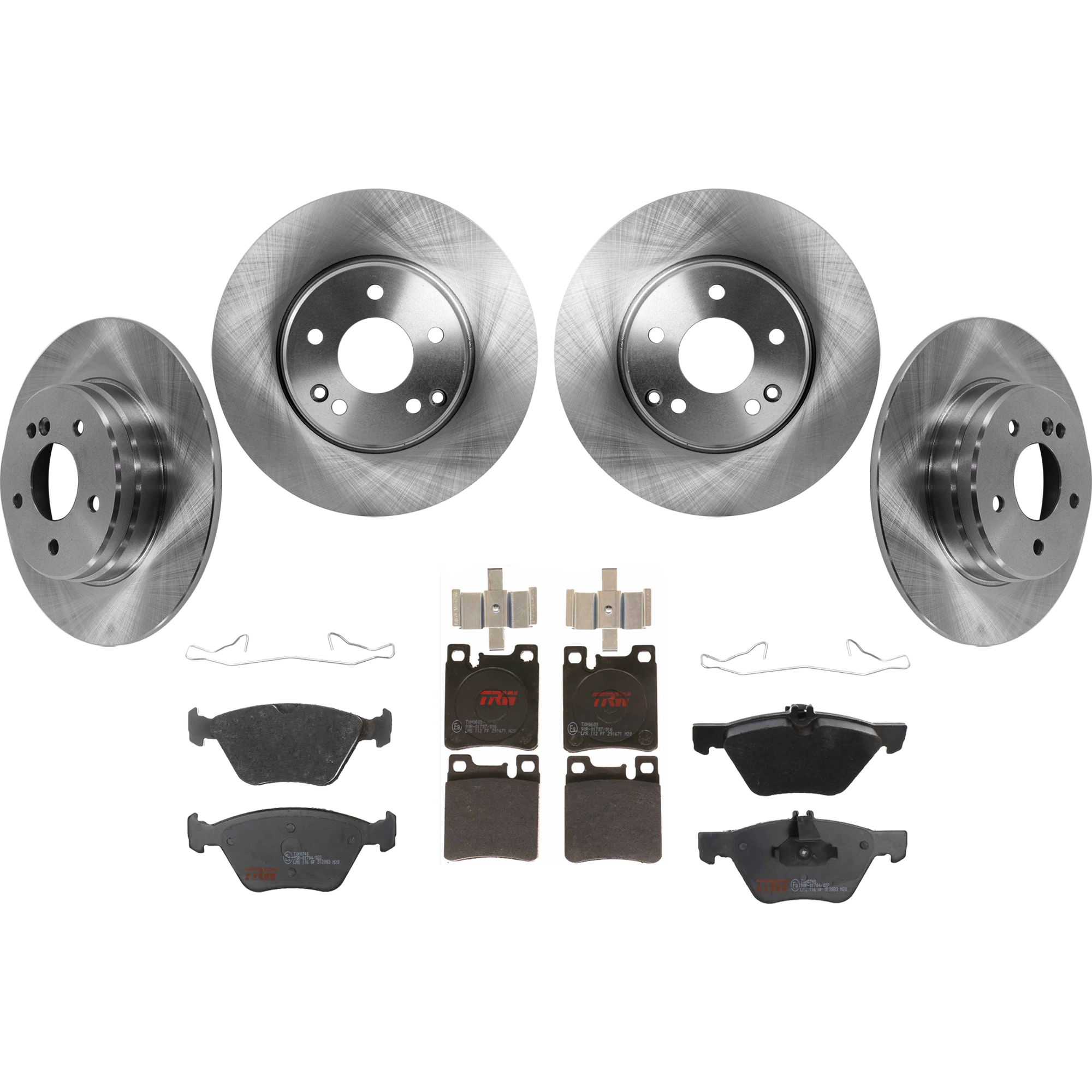 AM E320-96-99 E300-98-99 FRONT AND REAR BRAKE DISC AND PAD KIT 4 Wheel Set 5 Lugs Semi Metallic with Brake Disc and Brake Pad Set SKU KIT 073024-7710 OEM 34101-96767-145494-0832792-600