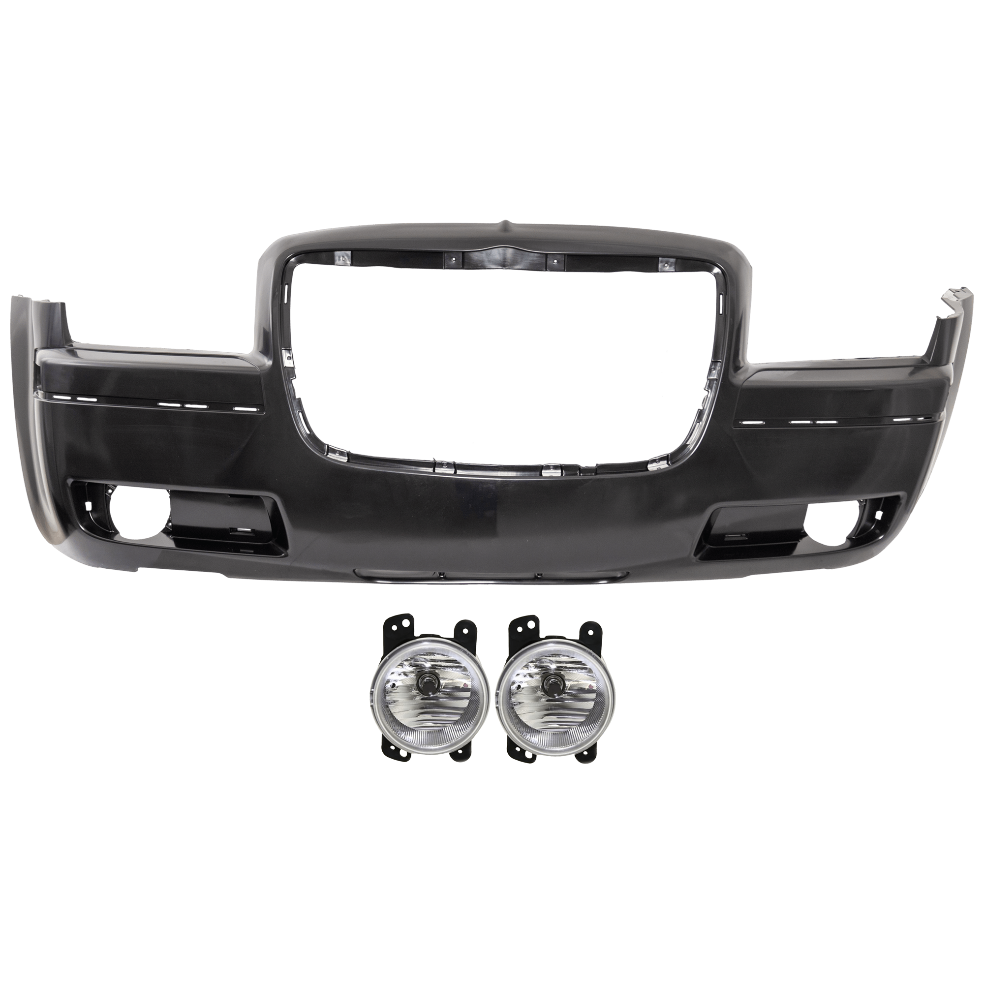 AM CHRYSLER 300-05-10 FRONT BUMPER COVER 3 pc Kit Primed w Fog Light Holes 3.5L Eng with Fog Light SKU KIT 073026 RR110 Partslink CH1000952 CH2590109 OEM 4805773AC 4805856AB
