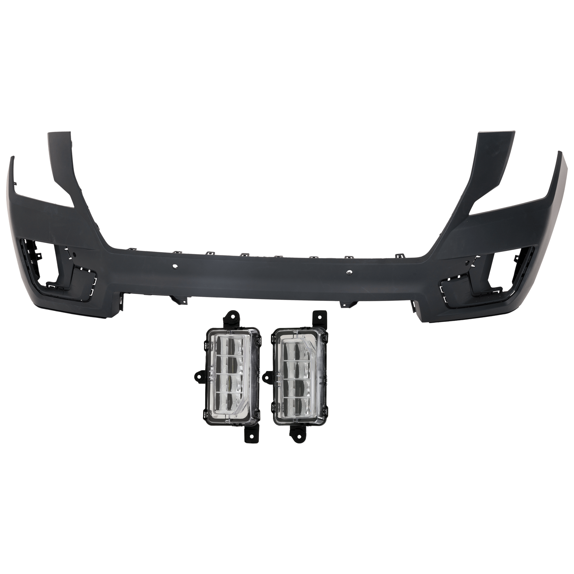 AM YUKON YUKON XL 23-24 FRONT BUMPER COVER Upper 3 pc Kit Primed Denali Model w Super Cruise with Fog Light SKU KIT 073026 RR179 Partslink GM1000A55 GM2593335 GM2592335 OEM 87814095-86819944-86819943