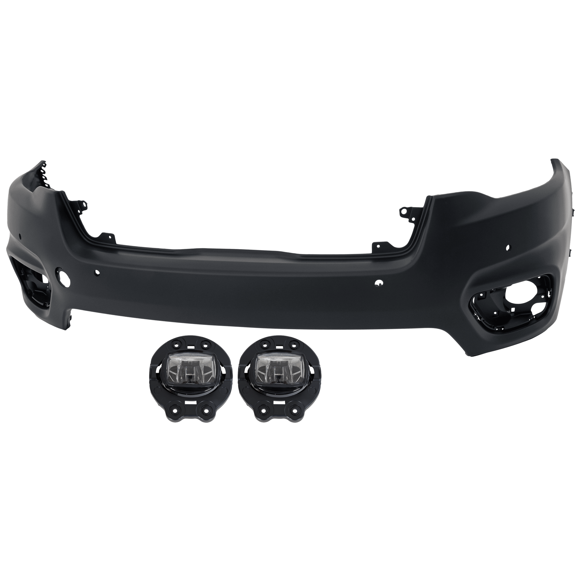 AM CHEROKEE 19-23 FRONT BUMPER COVER Upper 3 pc Kit Primed w Advanced Park Assist Sensor Holes w Tow Base and Tow Hole with Fog Light SKU KIT 073026 RR202 Partslink CH1014141 CH2592163 OEM 68406536AD 68466265AC