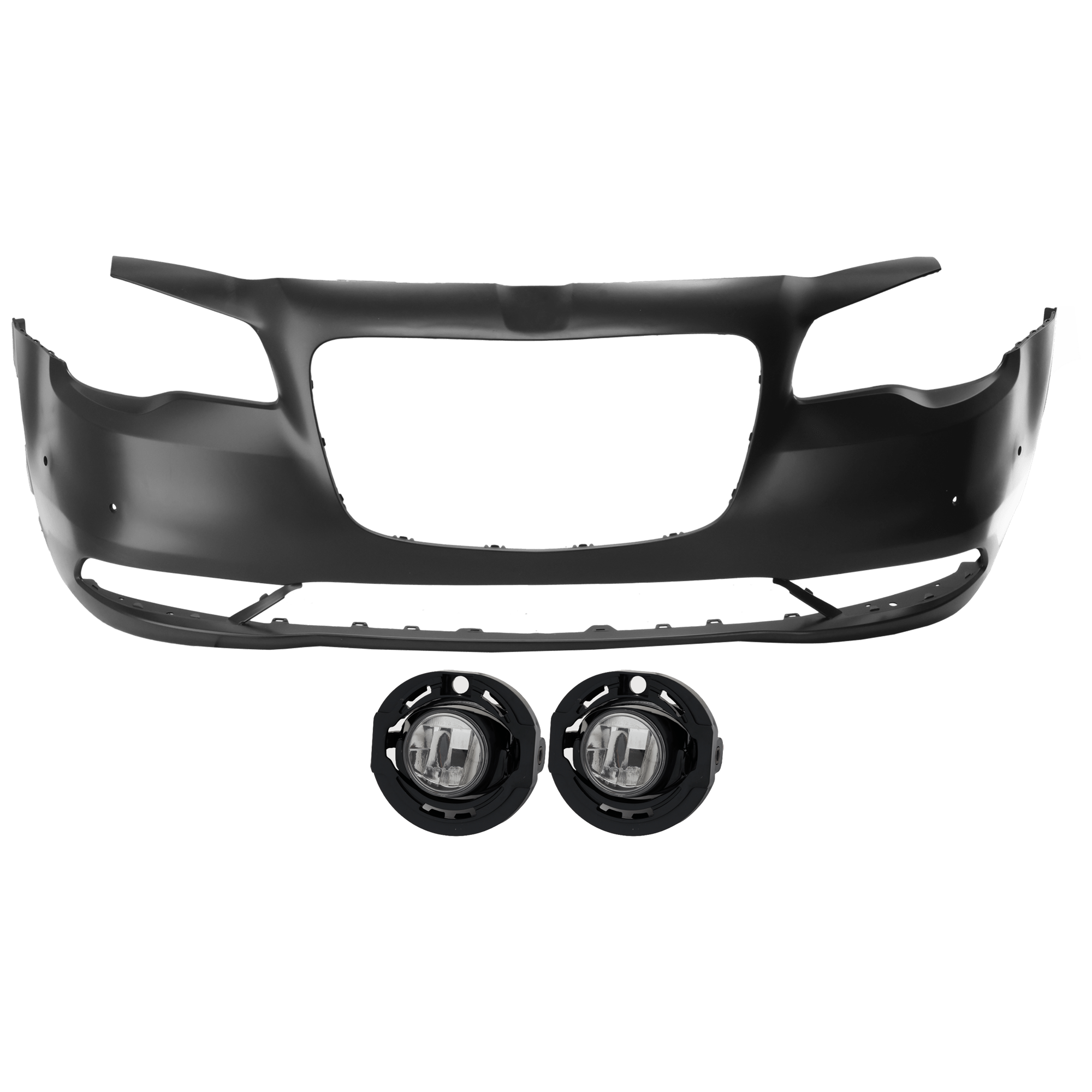 AM CHRYSLER 300-15-23 FRONT BUMPER COVER 3 pc Kit Primed w Parking Aid Sensor Holes 17-22 Type 2 with Fog Light SKU KIT 073026 RR224 Partslink CH1000A22 CH2592162 OEM 5PN42TZZAE 68466266AB