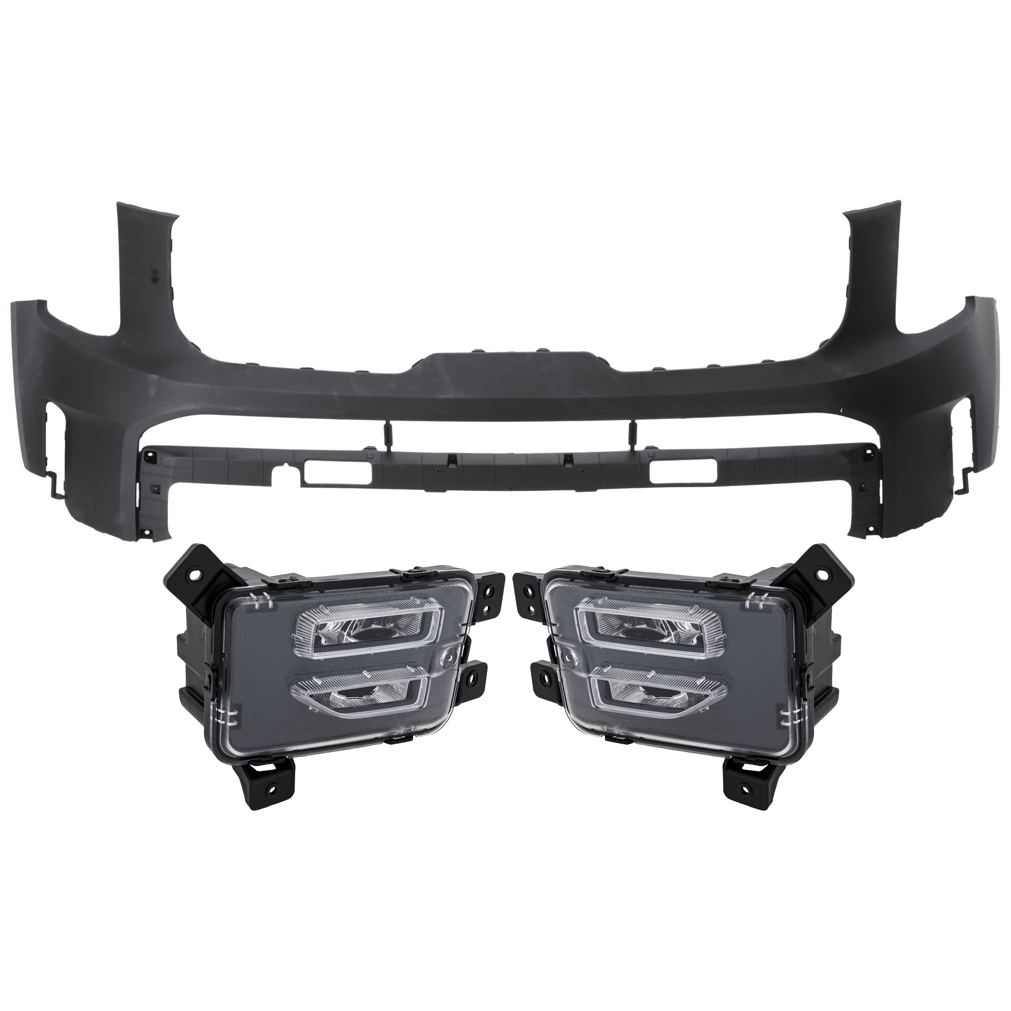 AM TELLURIDE 23-25 FRONT BUMPER COVER 3 pc Kit Primed w o Parking Aid Sensor Holes with Fog Light SKU KIT 073026 RR225 Partslink KI1014122 KI2593172 KI2592172 OEM 86511S9500-92202S9500-92201S95