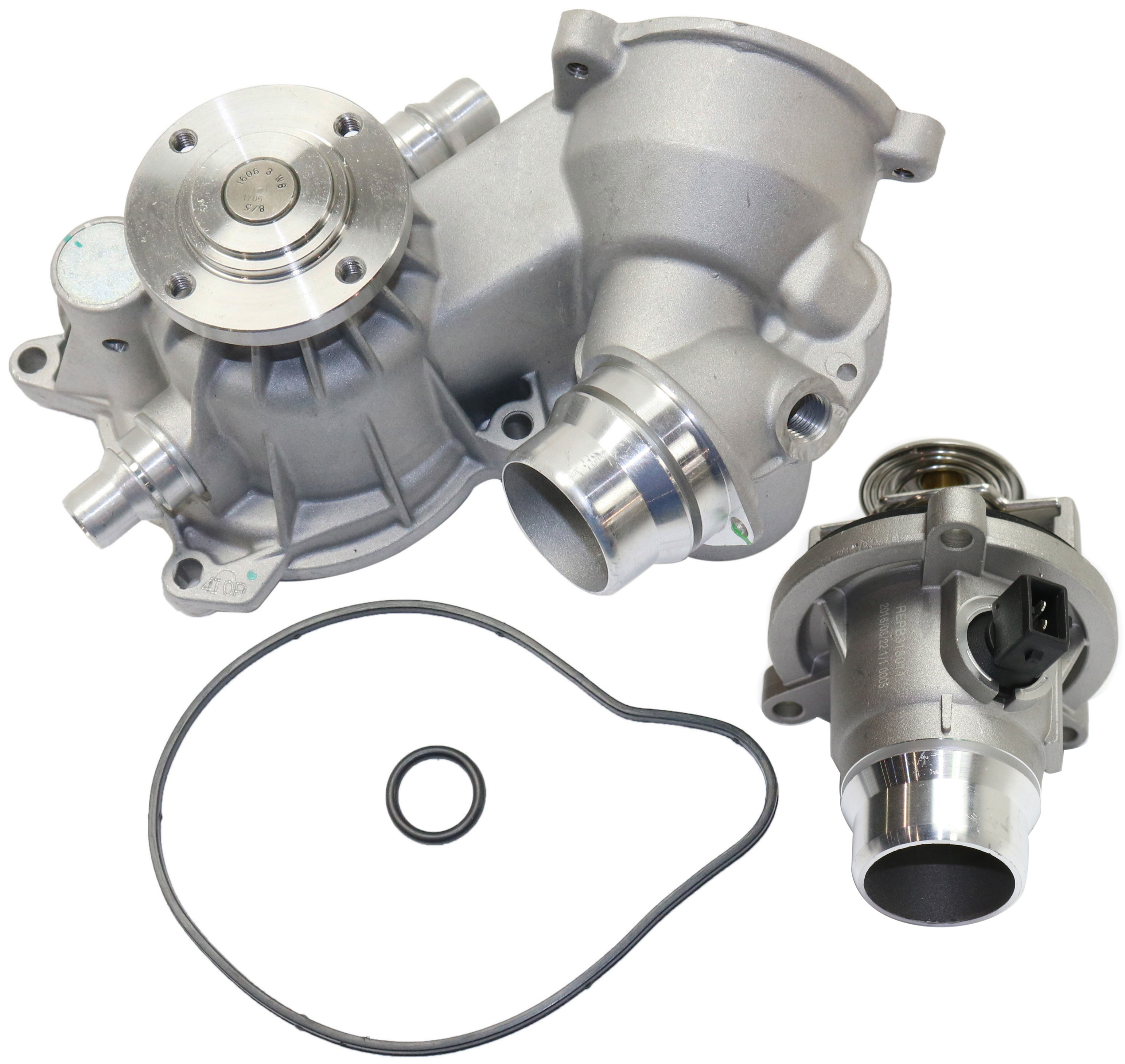 AM 550I 650I 06-10 WATER PUMP 2 pc Kit with Thermostat Housing SKU KIT 080117-01 OEM 11517586779-11537586885