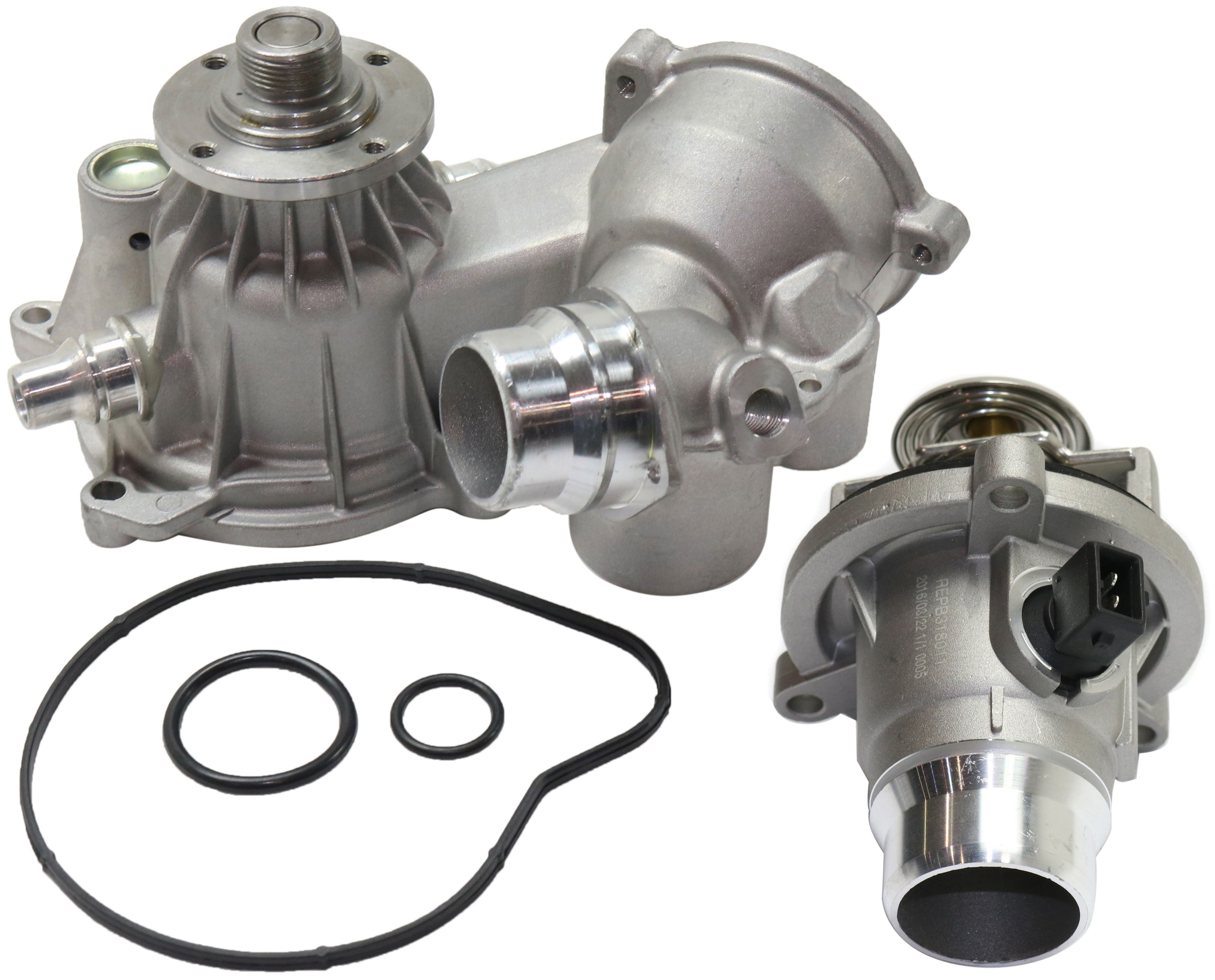 AM 7 SERIES 02-08 WATER PUMP 2 pc Kit with Thermostat Housing SKU KIT 080117-02 OEM 11517586780-11537586885
