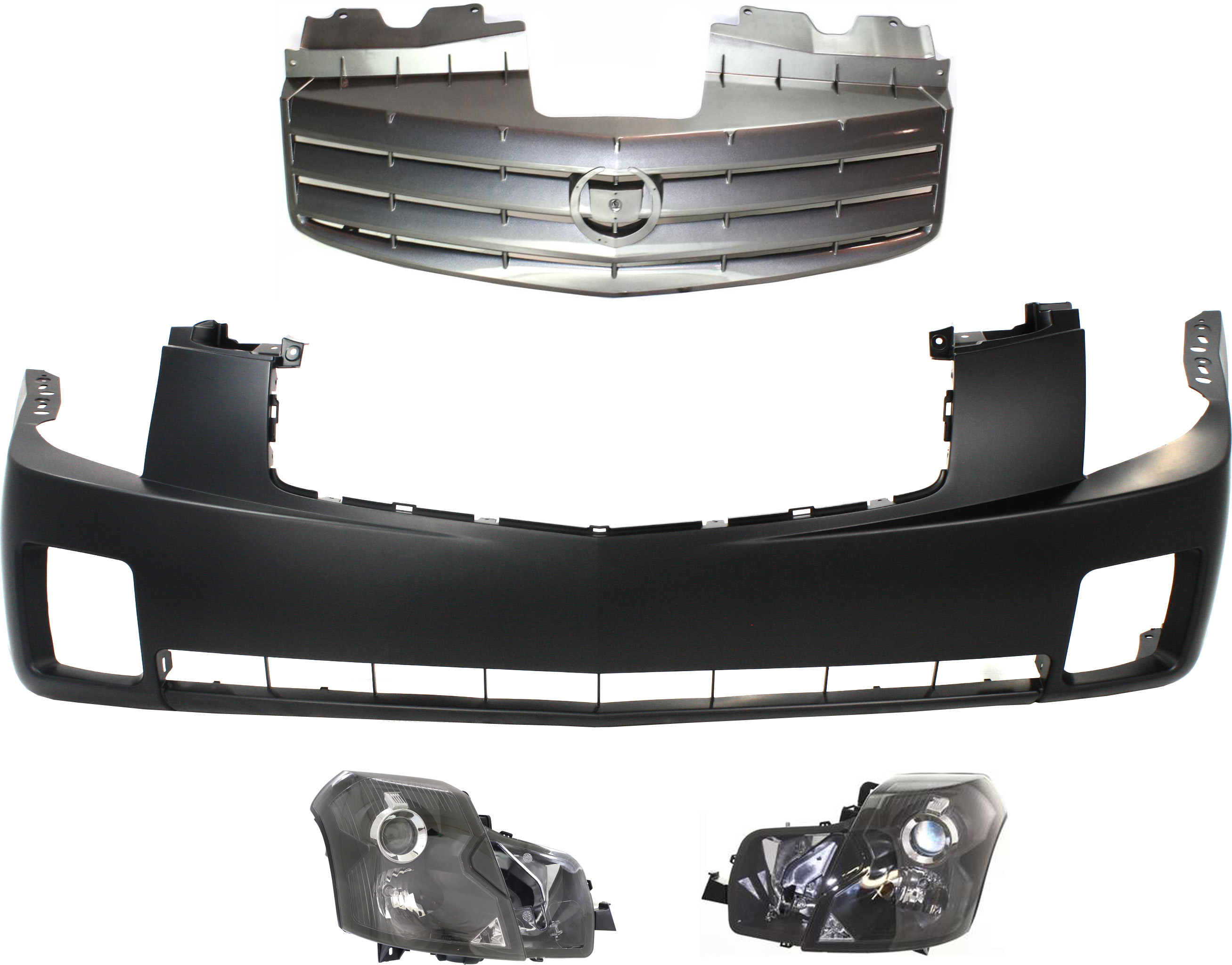 AM CTS 03-07 HEAD LAMP RH AND LH Assembly Halogen 4 pc Kit with Bumper Cover and Grille SKU KIT 080117-104 Partslink GM2502242 GM2503242 GM1000656 GM1200467 OEM 15826014-15826015-19178478-257