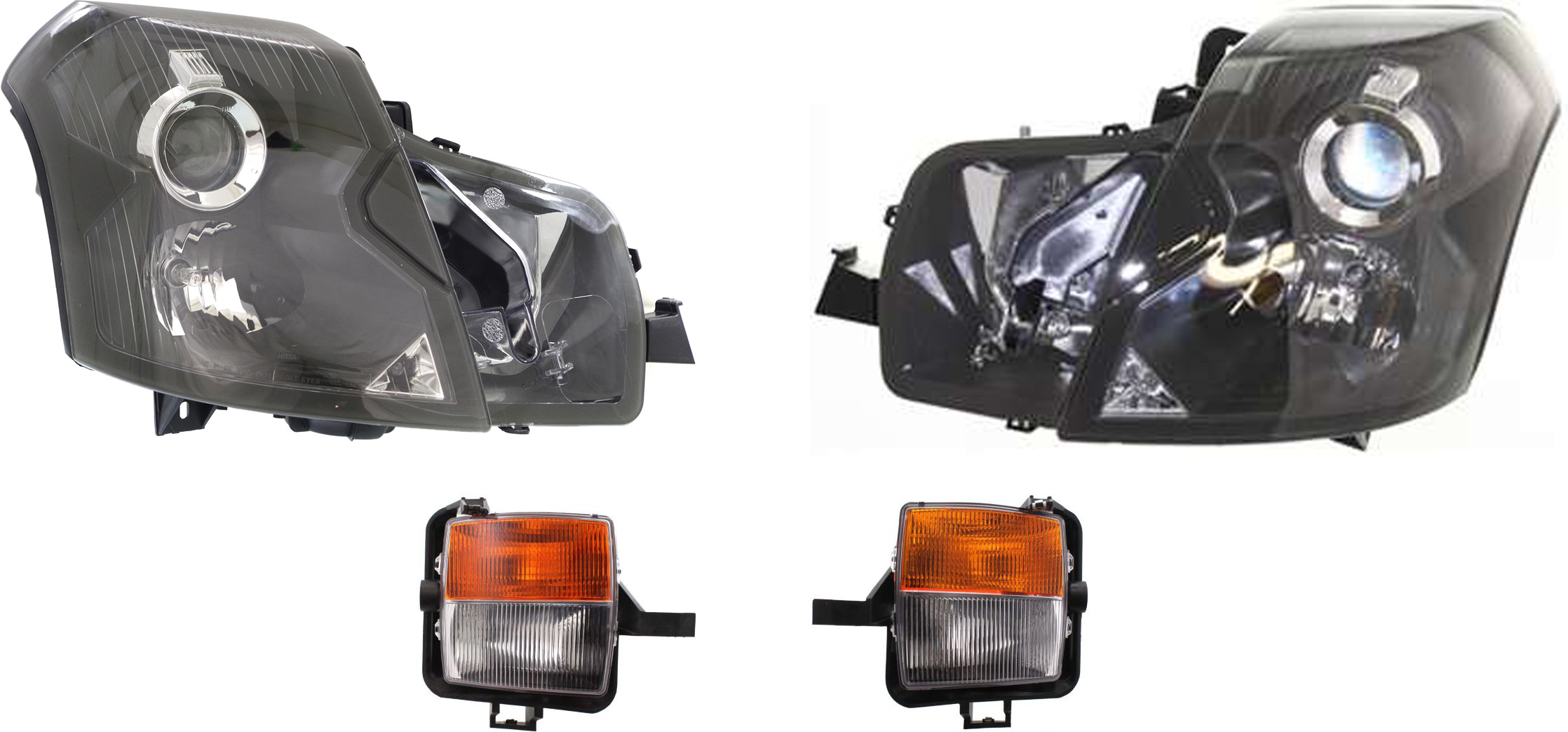 AM CTS 03-07 HEAD LAMP RH AND LH Assembly Halogen 4 pc Kit with Fog Lights SKU KIT 080117-106 Partslink GM2503242 GM2502242 GM2530126 GM2531126 OEM 15826014-15826015-15930687-159