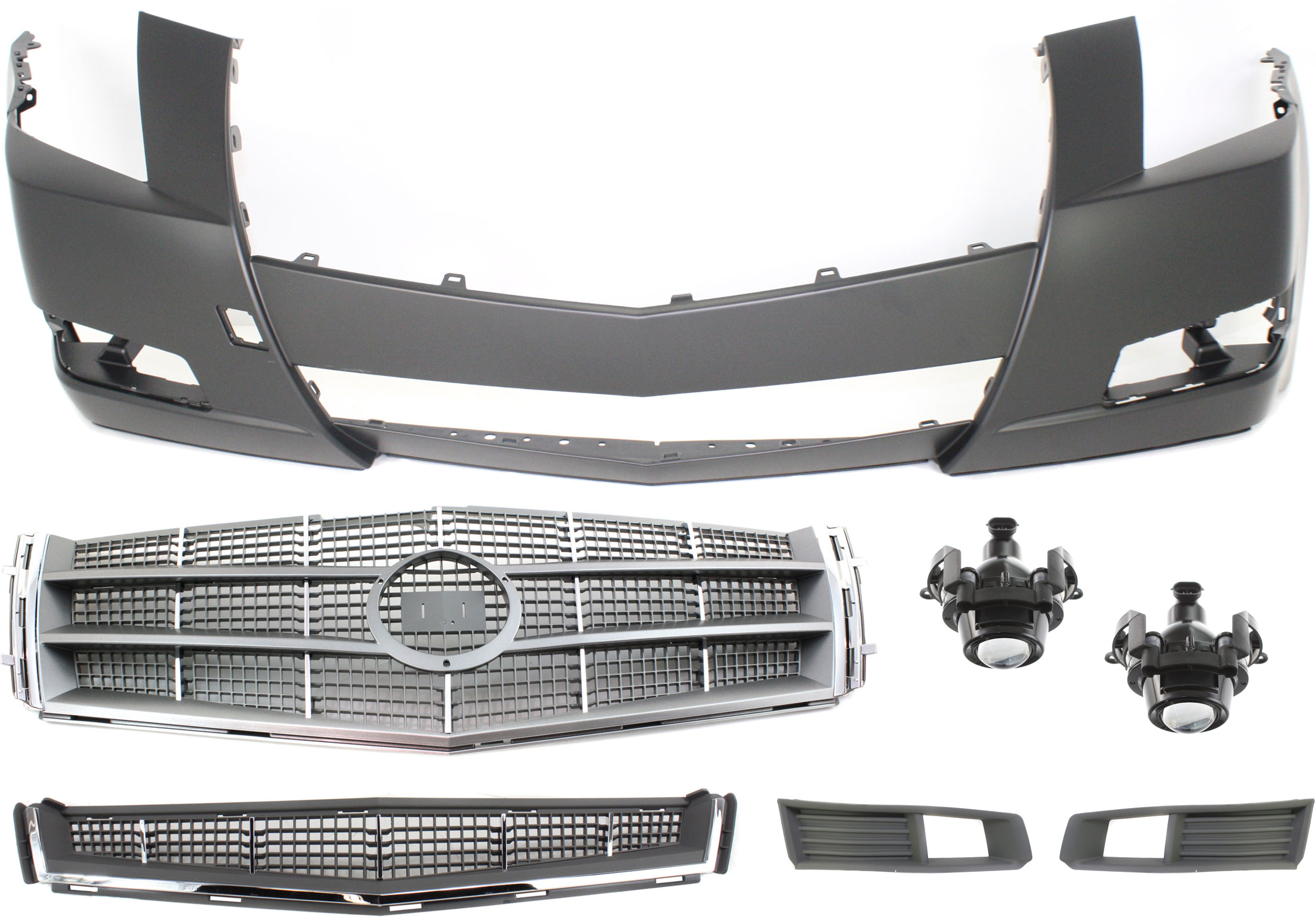 AM CTS 08-11 FRONT BUMPER GRILLE Primed 7 pc Kit with Bumper Cover Fog Light Trims Fog Lights and Grille Assembly SKU KIT 080117-112 Partslink GM1036123 GM1000855 GM2590106 GM1038113 GM1039113 GM1200616 OEM 25896041-25793663-95419301-207