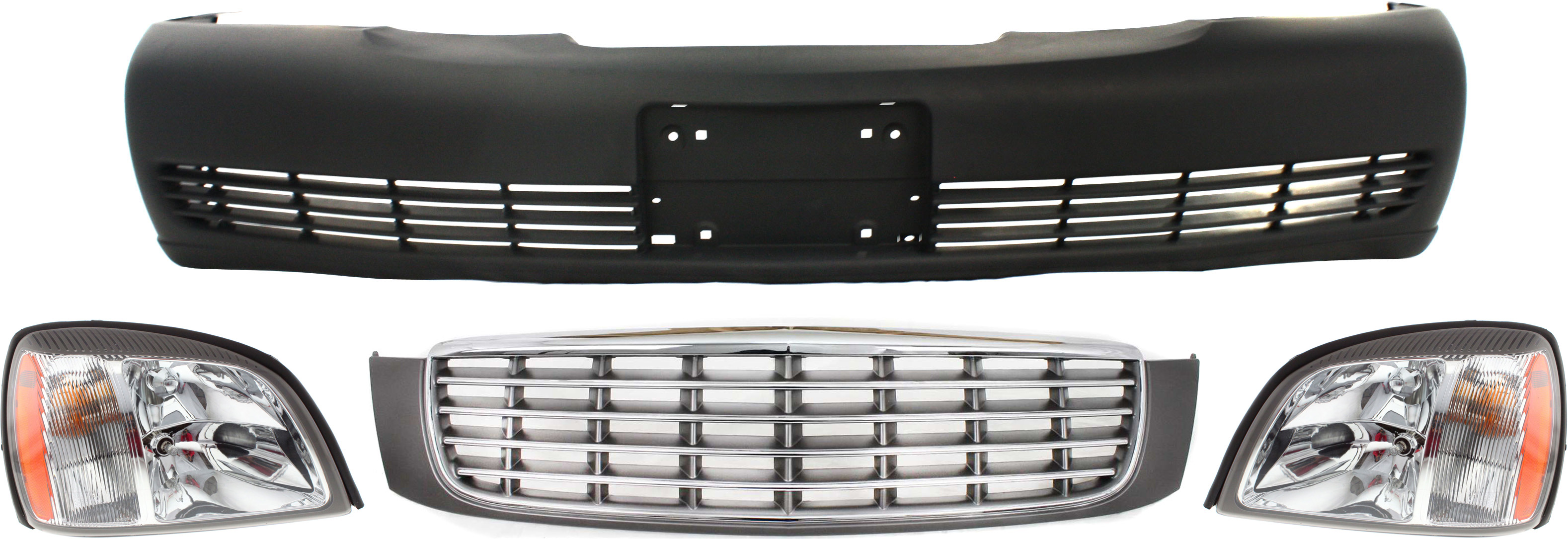 AM DEVILLE 04-05 GRILLE 4 pc Kit with Bumper Cover and Headlights SKU KIT 080117-121 Partslink GM1200502 GM1000610 GM2502240 GM2503240 OEM 89025060-19151273-19245433-192