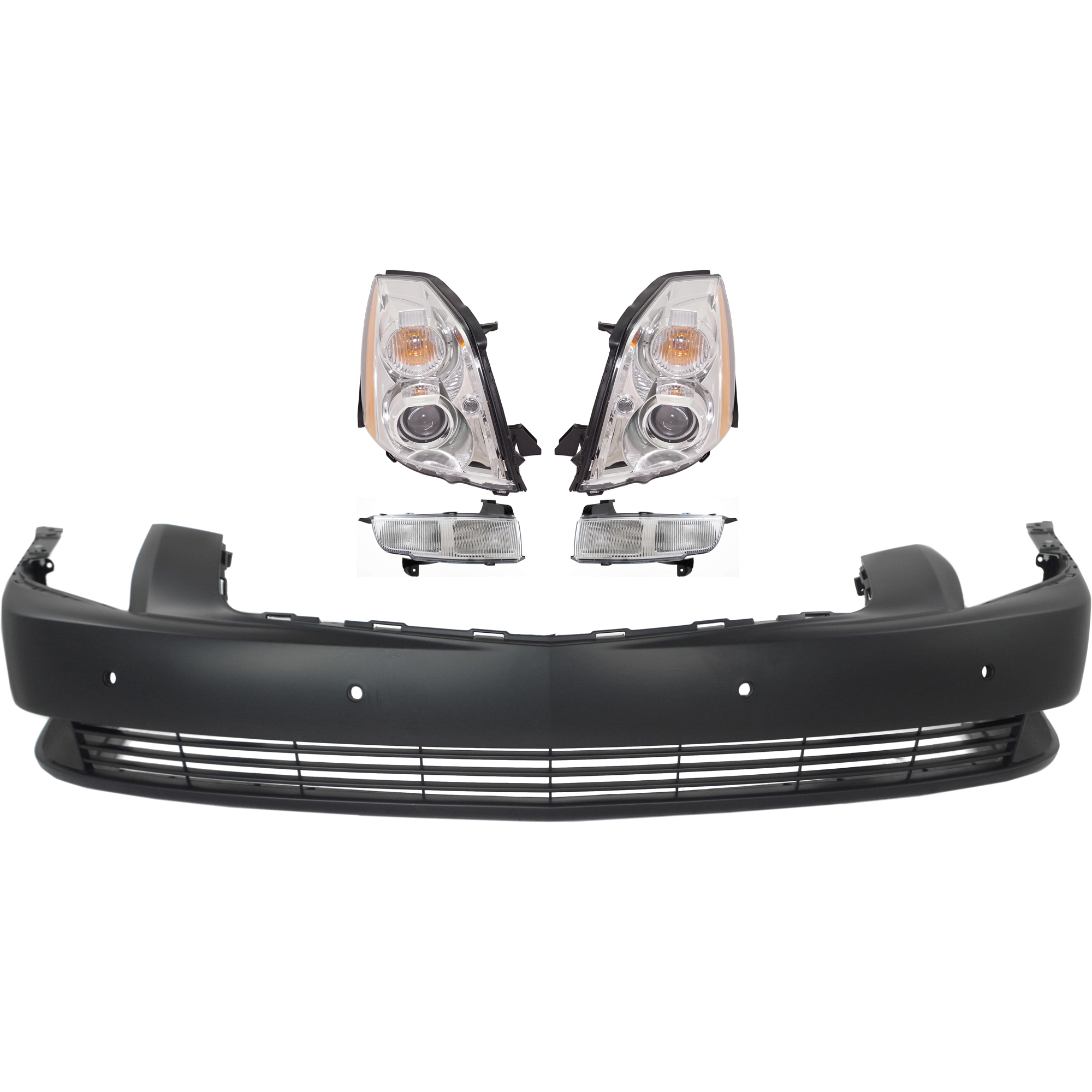 AM DTS 06-11 HEAD LAMP RH AND LH with Bulbs HID Xenon 5 pc Kit with Bumper Cover and Fog Lights SKU KIT 080117-135 Partslink GM2502275 GM2503275 GM1000813 GM2592159 GM2593159 OEM 20861481-20861482-15213402-208