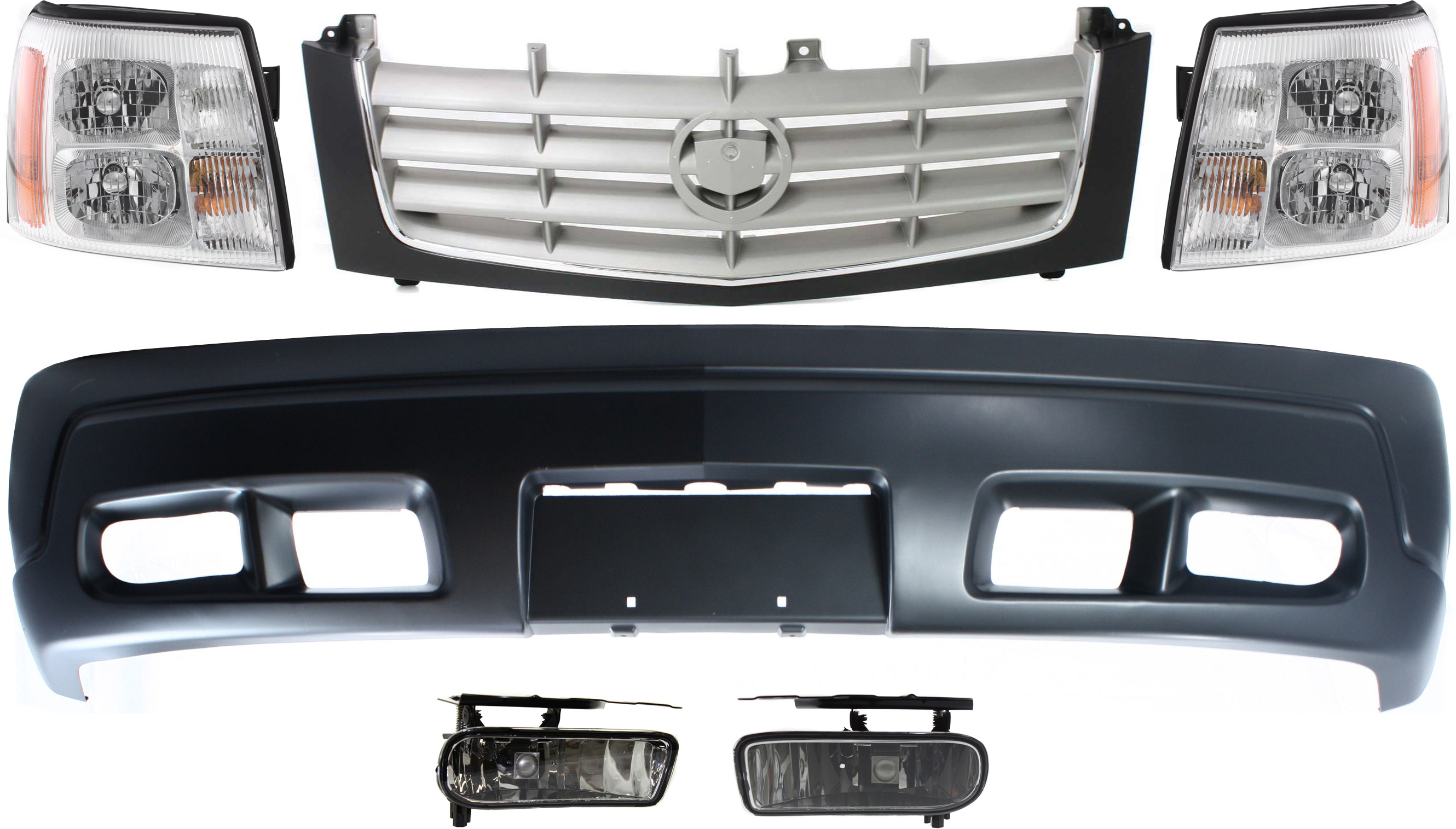 AM ESCALADE 02-02 FRONT BUMPER COVER 6 pc Kit with Grille Fog Lights and Headlights SKU KIT 080117-136 Partslink GM1000636 GM2592138 GM2593138 GM1200509 GM2502232 GM2503232 OEM 88937206-15252038-15252039-151