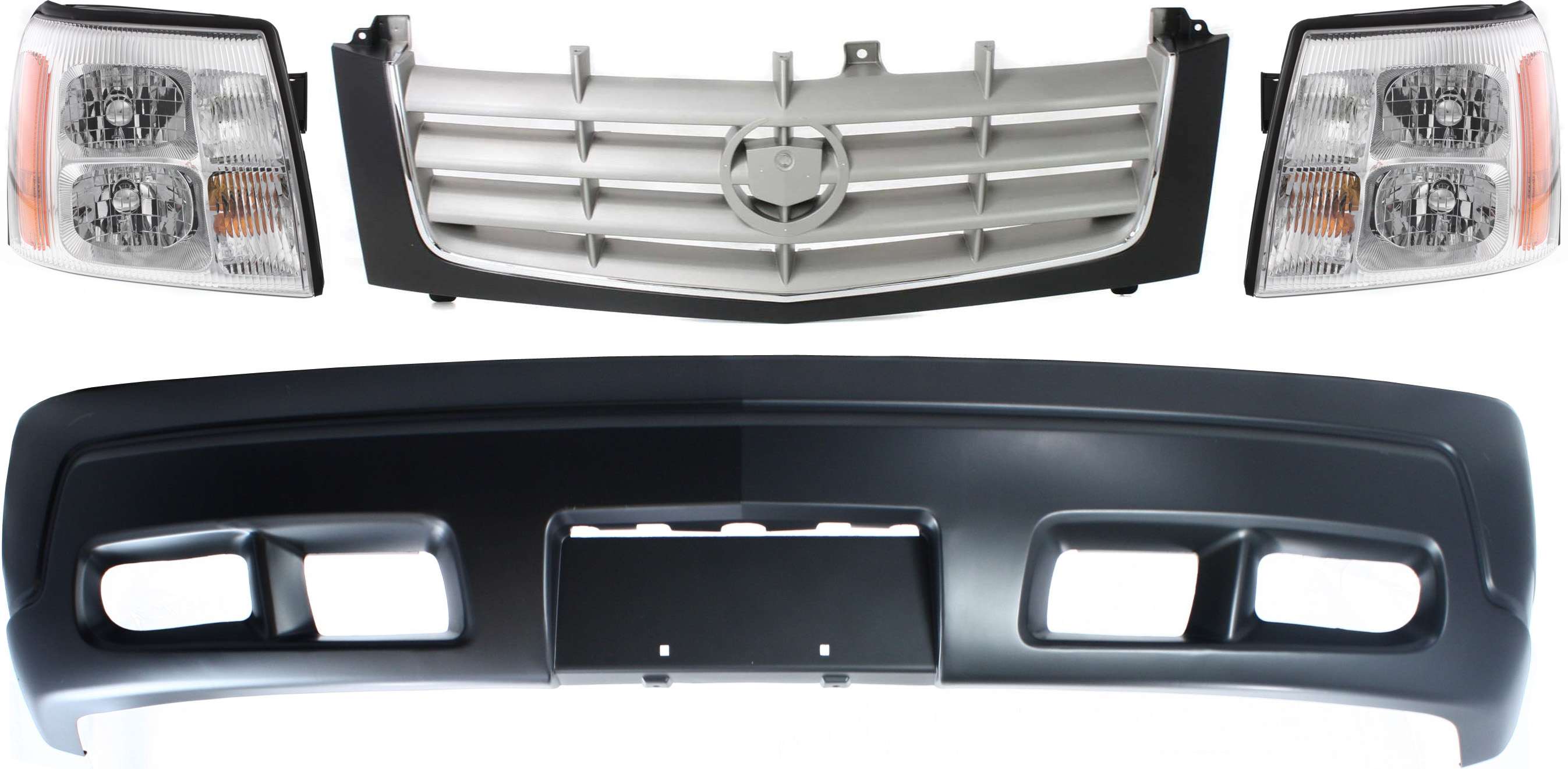 AM ESCALADE 02-02 FRONT BUMPER COVER 4 pc Kit with Grille and Headlights SKU KIT 080117-137 Partslink GM1000636 GM1200509 GM2502232 GM2503232 OEM 88937206-15162129-15181851-151