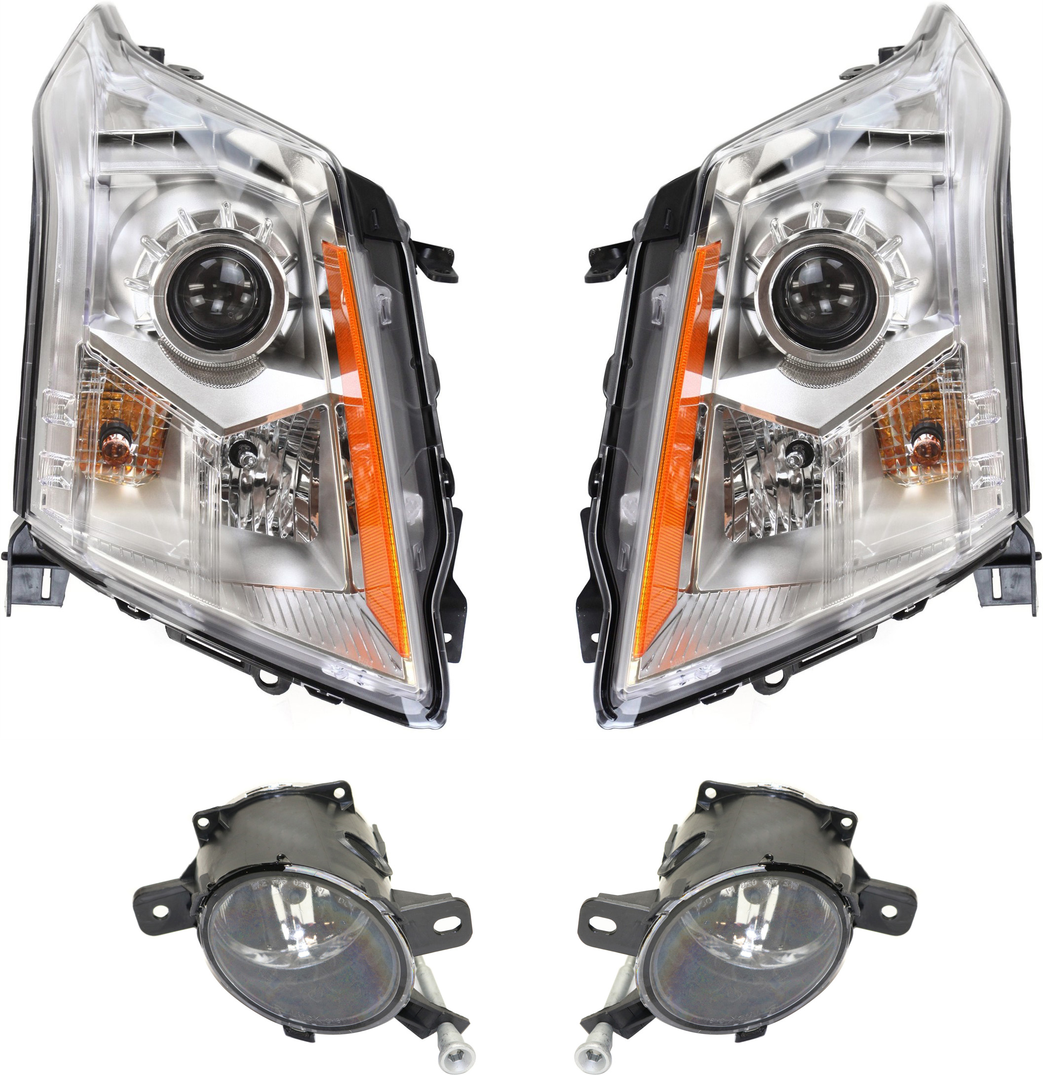 AM SRX 10-13 HEAD LAMP RH AND LH 4 pc Kit Assembly Halogen with Fog Lights SKU KIT 080117-157 Partslink GM2502345 GM2503345 GM2592301 GM2593301 OEM 22853872-22853873-94708773-947