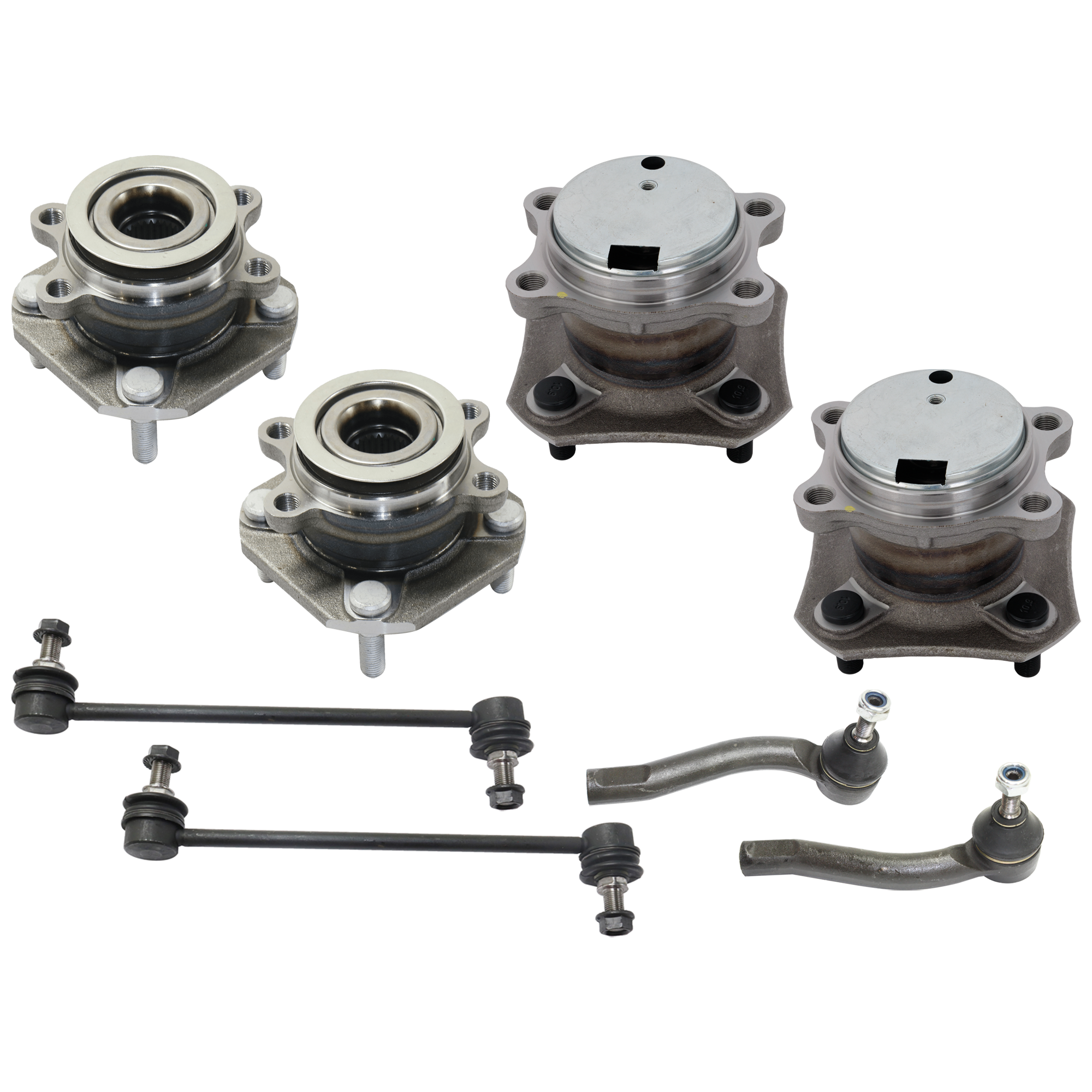 AM SENTRA 07-12 FRONT AND REAR SUSPENSION KIT 8 pc Kit with Tie Rod End Wheel Hub and Sway Bar Link SKU KIT 080124-14 OEM 54618ET00A D8640ET00A D8520ET0