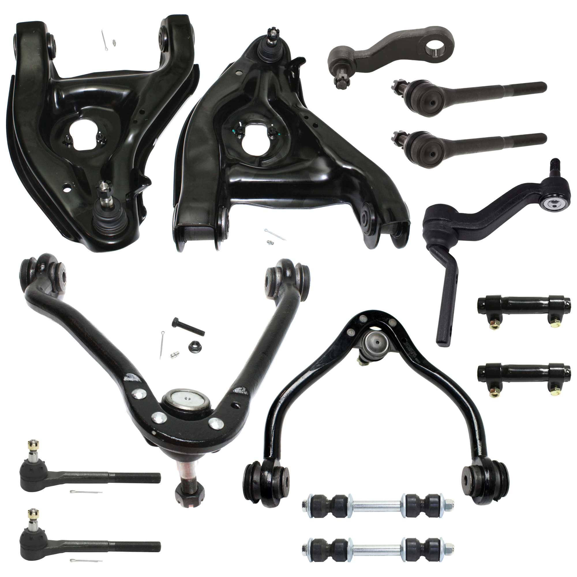 AM C2500 C2500-88-91 FRONT SUSPENSION KIT RH AND LH 14 pc Kit with Idler Arm Control Arm Tie Rod End Pitman Arm Sway Bar Link and Tie Rod Adjusting Sleeve SKU KIT 080124-33 OEM 15665554-15665555-12543997