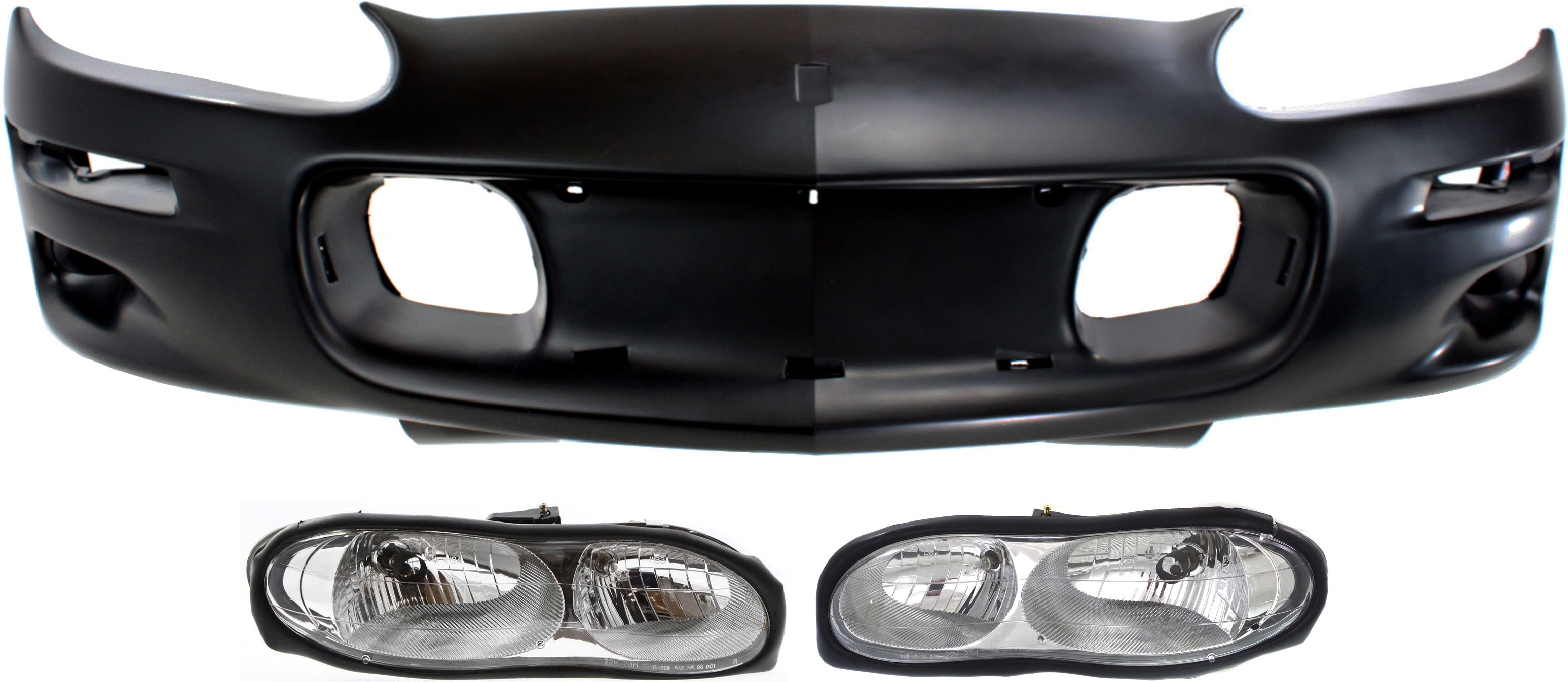 AM CAMARO 98-02 HEAD LAMP RH AND LH Assembly Halogen 3 pc Kit with Bumper Cover SKU KIT 080218-01 Partslink GM2503211 GM2502211 GM1000547 OEM 16525314-16525313-12335525