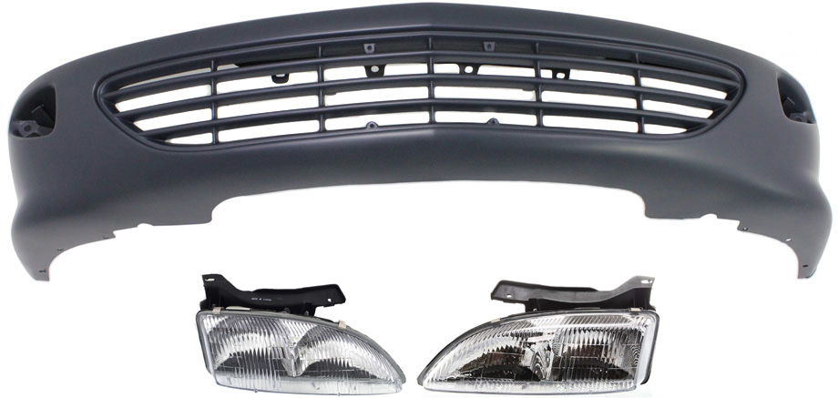 AM CAVALIER 95-99 FRONT BUMPER COVER 3 pc Kit with Headlights SKU KIT 080218-28 Partslink GM1000504 GM2502130 GM2503130 OEM 22597557-16523441-16523442
