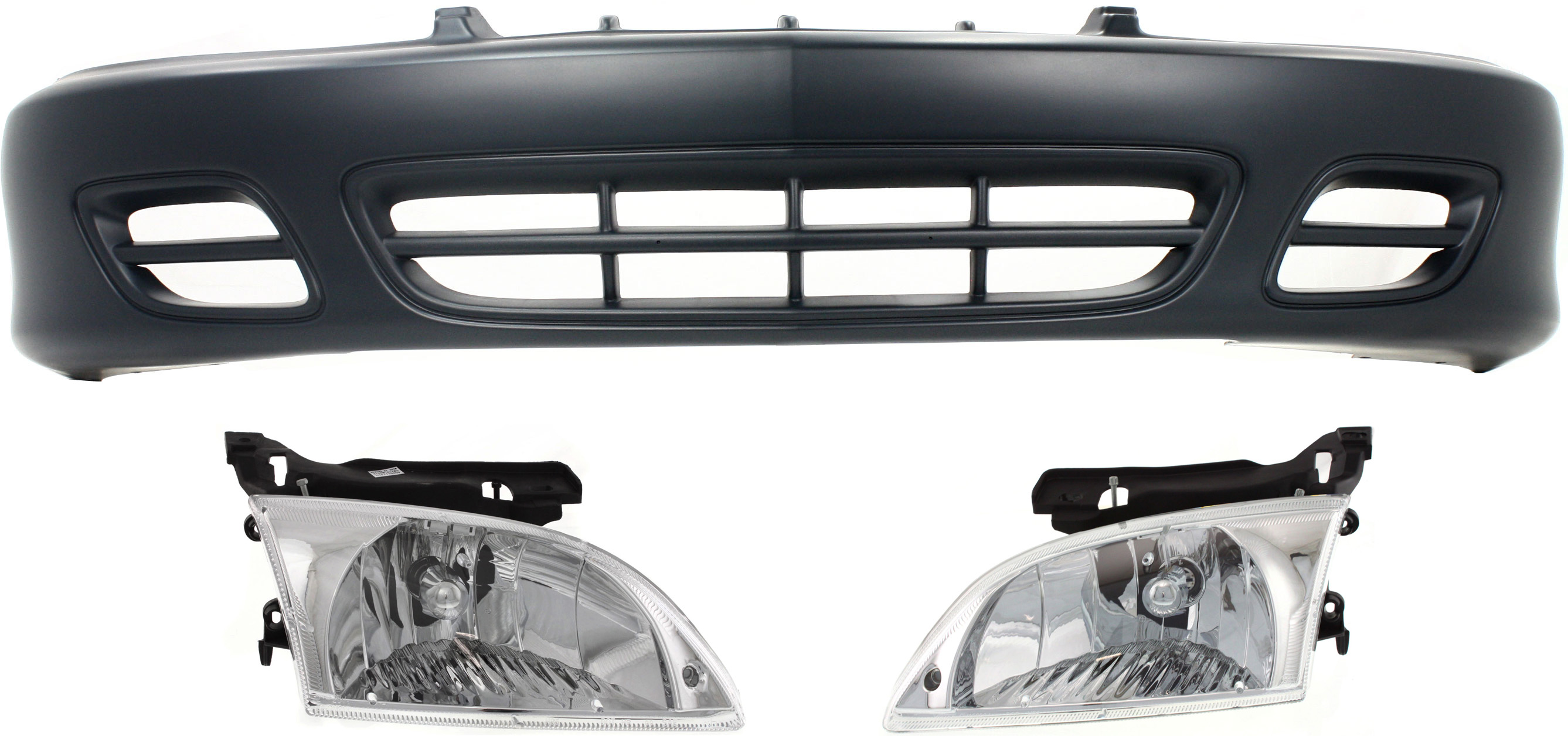 AM CAVALIER 00-02 FRONT BUMPER COVER 3 pc Kit with Headlights SKU KIT 080218-29 Partslink GM1000592 GM2502202 GM2503202 OEM 12335342-22666740-22666741