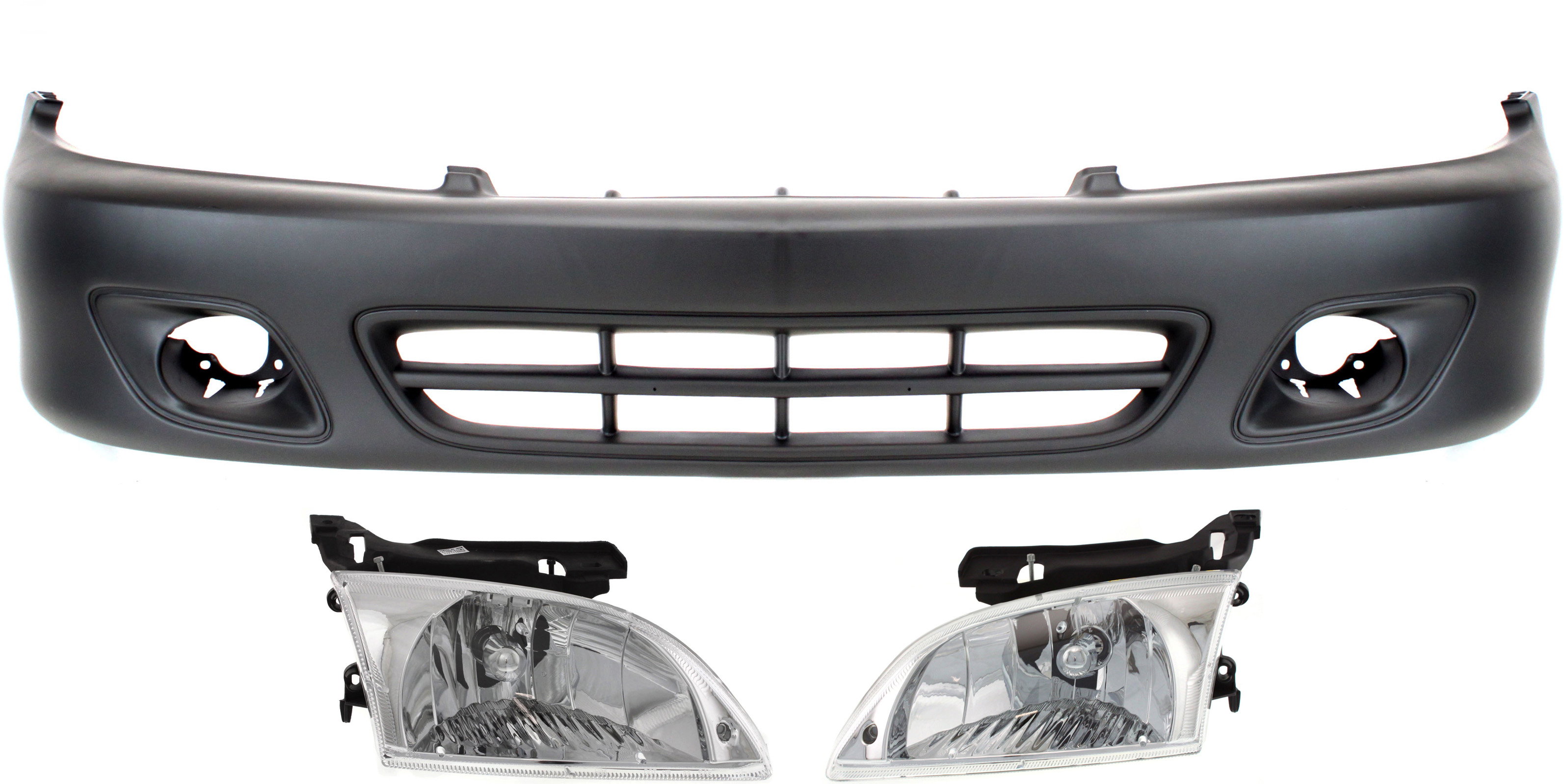 AM CAVALIER 00-02 FRONT BUMPER COVER 3 pc Kit with Headlights SKU KIT 080218-30 Partslink GM1000591 GM2502202 GM2503202 OEM 12335539-22666740-22666741