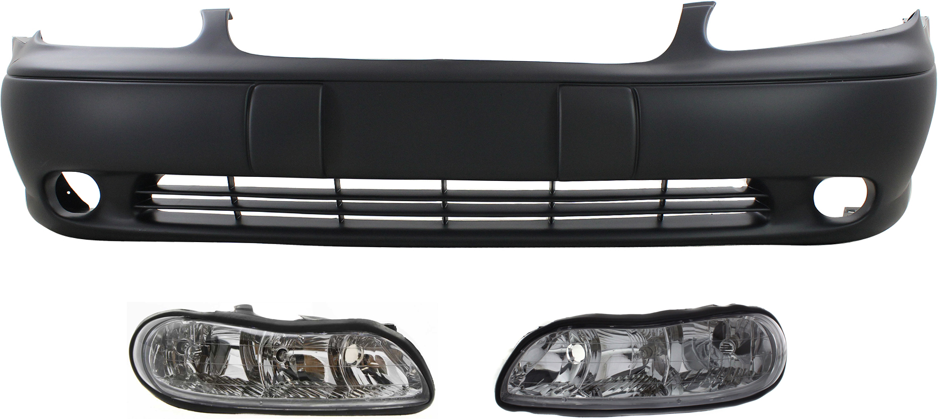 AM MALIBU 97-03 CLASSIC 04-05 FRONT BUMPER COVER 3 pc Kit with Headlights SKU KIT 080218-32 Partslink GM1000540 GM2502154 GM2503154 OEM 12463112-22618782-22618781