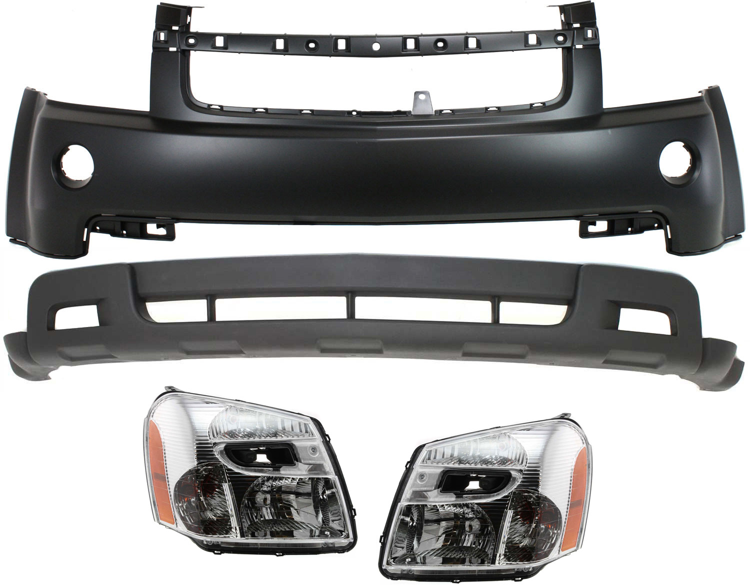 AM EQUINOX 07-09 FRONT BUMPER COVER Upper and Lower 4 pc Kit with Headlights SKU KIT 080218-65 Partslink GM1000840 GM1015104 GM2502254 GM2503254 OEM 15266249-19120950-15888058-158