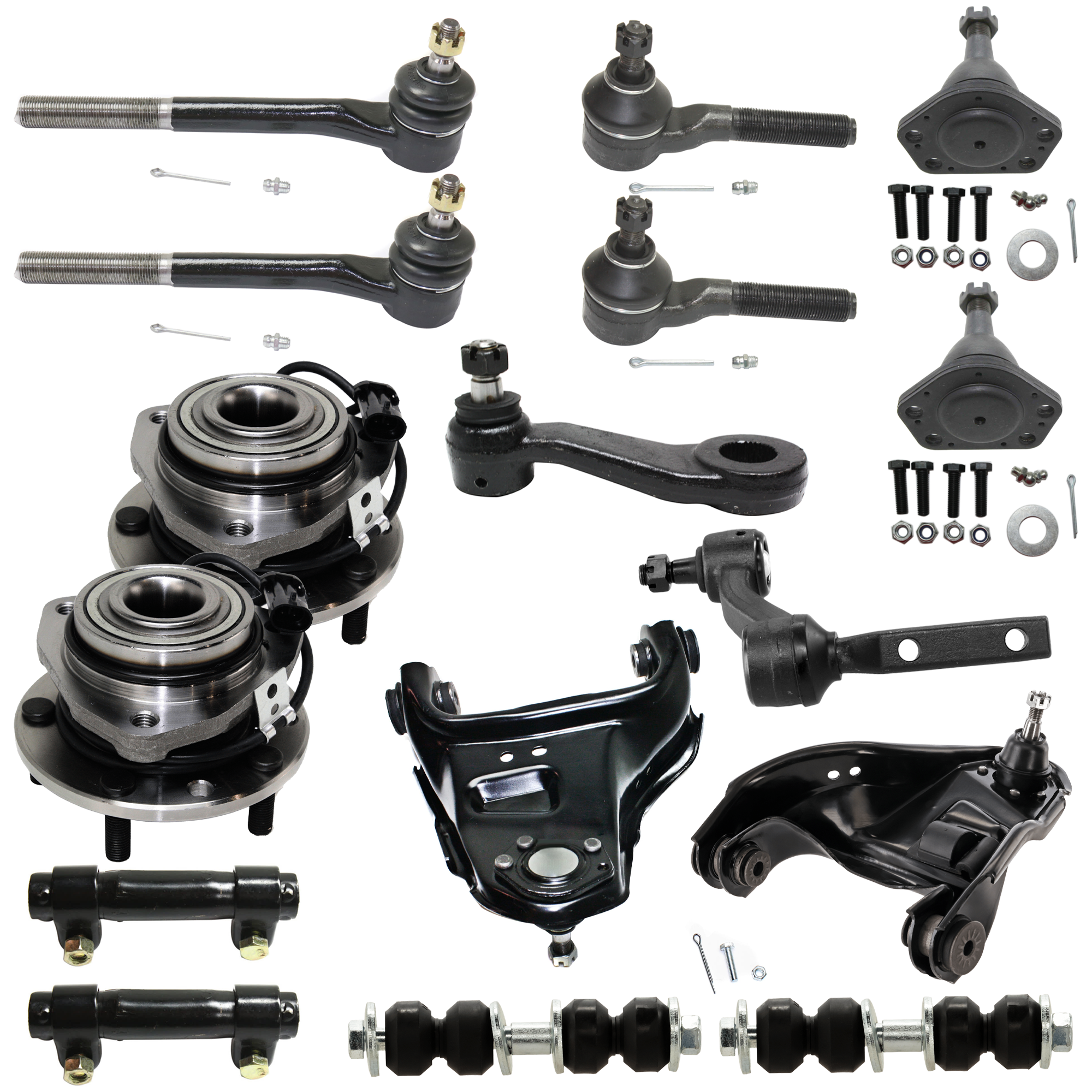 AM S15 JIMMY 84-91 BLAZER 95-05 FRONT SUSPENSION KIT 16 pc Kit with Ball Joint Control Arm Idler Arm Pitman Arm Sway Bar Link Tie Rod Adjusting Sleeve Tie Rod End and Wheel Hub SKU KIT 080224-31 Partslink GM4513100 GM4512100 OEM 10390-286004-2601274-505110