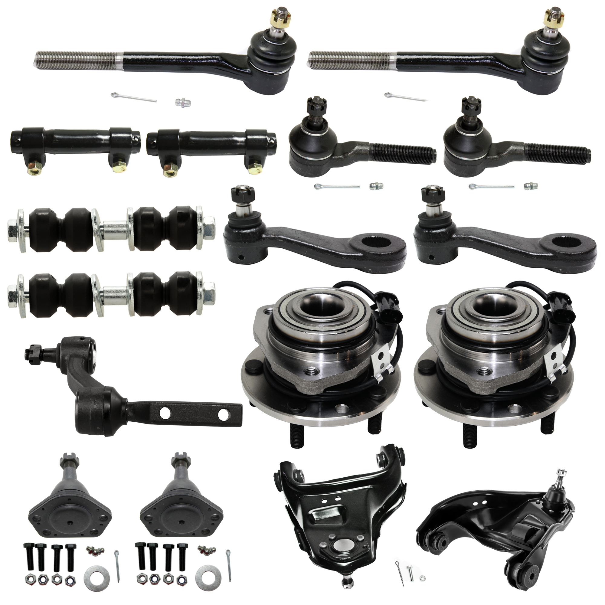 AM BLAZER 98-05 FRONT SUSPENSION KIT 17 pc Kit with Ball Joint Control Arm Idler Arm Pitman Arm Sway Bar Link Tie Rod Adjusting Sleeve Tie Rod End and Wheel Hub SKU KIT 080224-32 Partslink GM4513100 GM4512100 OEM 10390-286004-2601274-505110