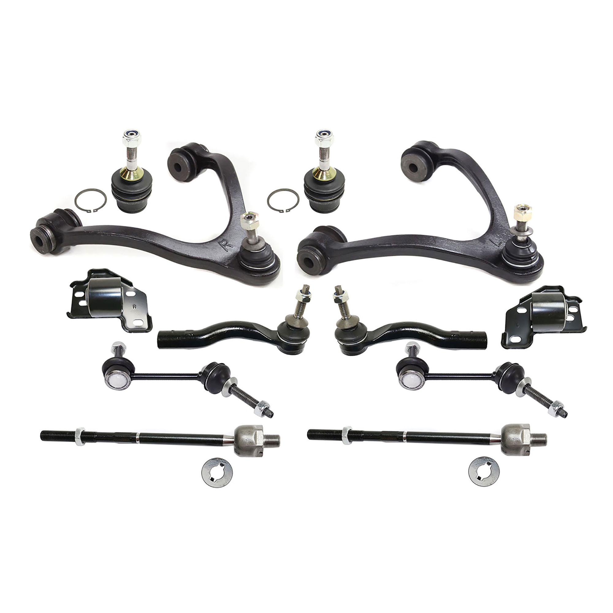 AM CROWN VICTORIA TOWN CAR 03-11 FRONT CONTROL ARM KIT RH AND LH Upper and Lower Rearward 12 pc kit with Ball Joints Sway Bar Links and Tie Rod Ends SKU KIT 080317-100 OEM 104381-2601577-5001118-5051