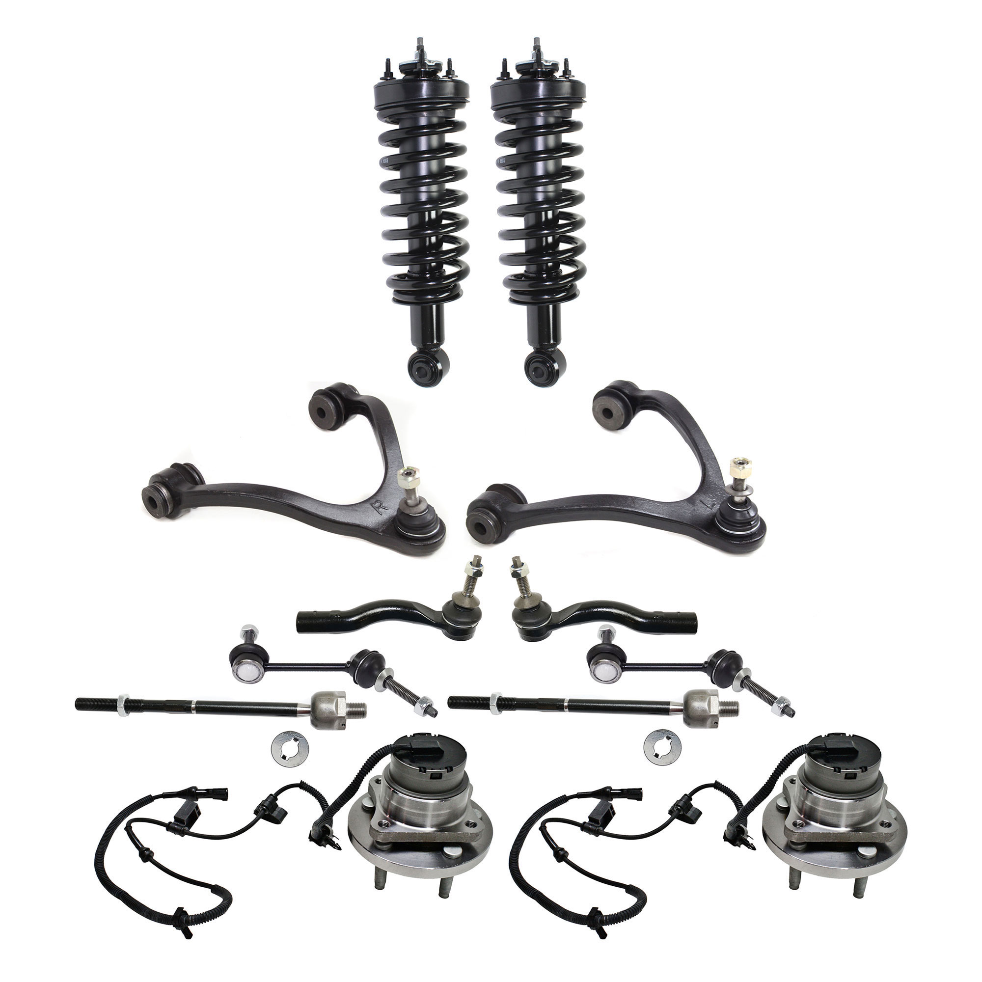 AM GRAND MARQUIS TOWN CAR 03-05 FRONT FULLY LOADED STRUT RH AND LH Gas Charged Twin tube 12 pc Kit with Wheel Hub Control Arm Tie Rod End Sway Bar Link SKU KIT 080317-104 OEM BW7Z18125B 7W7Z18124D 6W1Z30