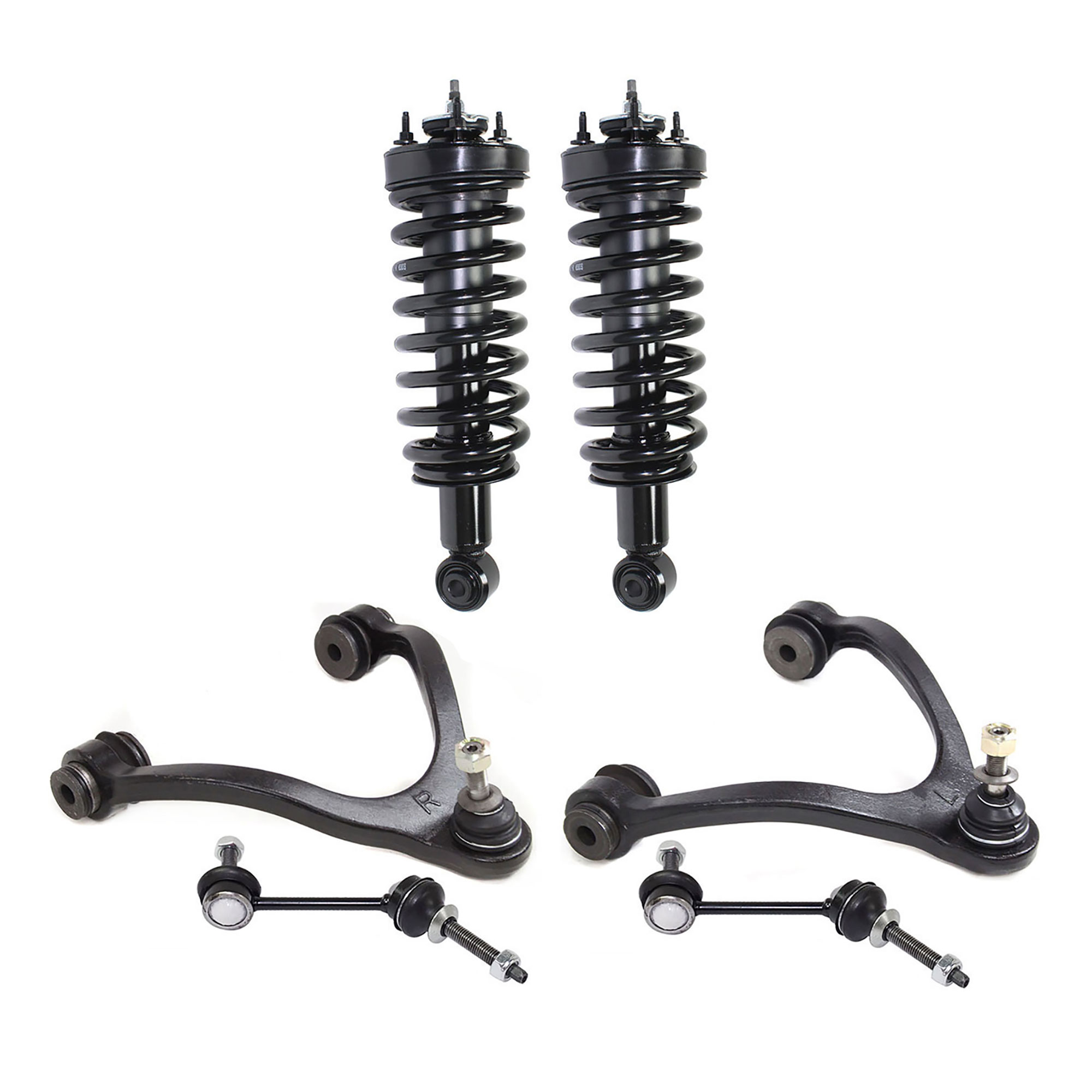 AM CROWN VICTORIA GRAND MARQUIS TOWN CAR 03-11 FRONT CONTROL ARM KIT RH AND LH Upper w ball joint s 6 pc Kit with Shock Absorber and Strut Assembly Sway Bar Link SKU KIT 080317-106 OEM 6W1Z3085LH 6W1Z3085M 6W1Z3084R