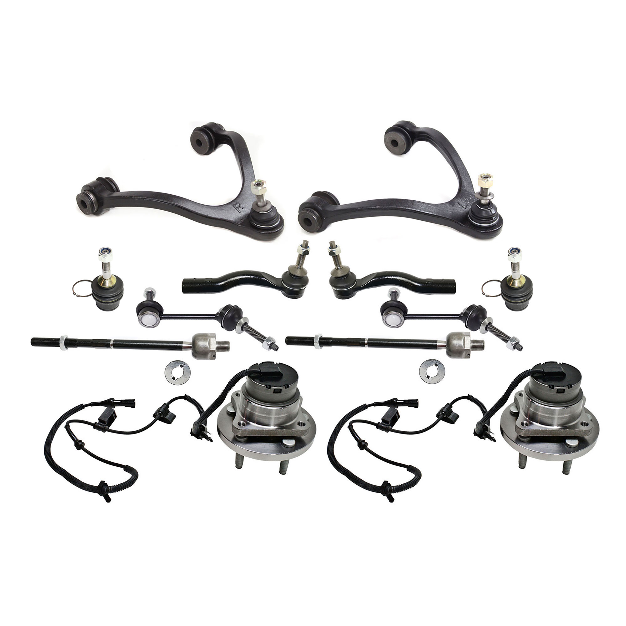 AM CROWN VICTORIA GRAND MARQUIS 03-04 TOWN CAR 03-05 FRONT HUB ASSEMBLY RH AND LH 12 pc Kit with Ball Joints Control Arms Sway Bar Links and Tie Rod Ends SKU KIT 080317-107 OEM 5W1Z1104AA 104381-2601577-5