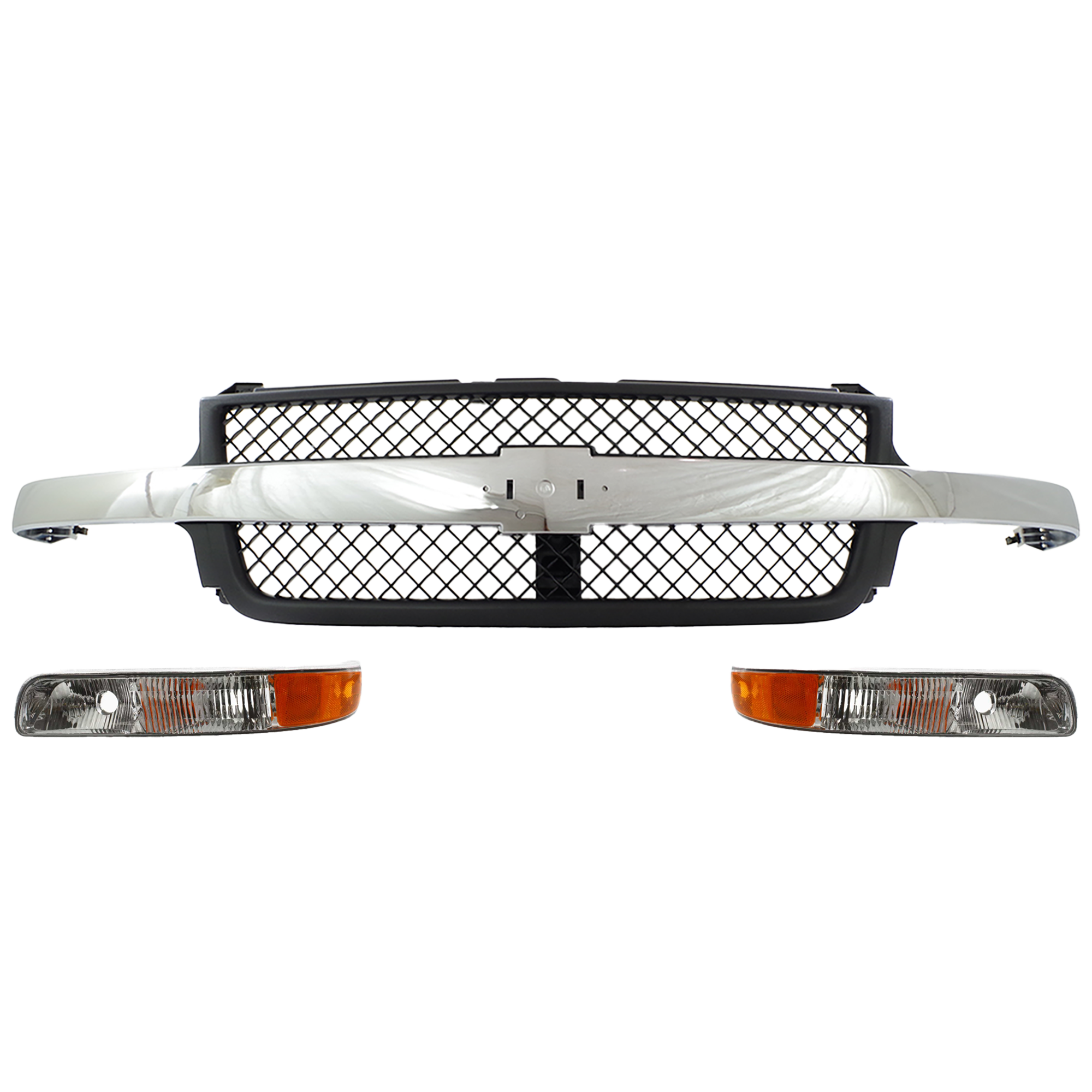 AM SILVERADO 2500 HD SILVERADO 3500-01-02 GRILLE 3 pc Kit with Parking Lights SKU KIT 080317-31 Partslink GM1200523 GM2521173 GM2520173 OEM 15088290-15199559-15199558