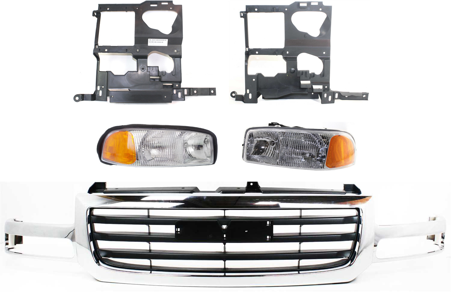 AM SIERRA P U 03-07 GRILLE 5 pc Kit with Headlight Brackets and Headlights SKU KIT 080317-42 Partslink GM1200475 GM2502188 GM2503188 GM1221132 GM1221133 OEM 19130791-15850351-15850352-157