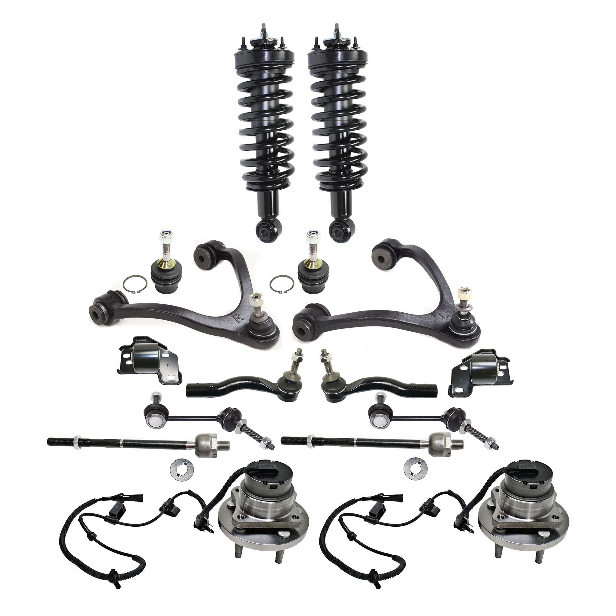 AM GRAND MARQUIS TOWN CAR 03-05 FRONT FULLY LOADED STRUT RH AND LH Gas Charged Twin tube 16 pc Kit with Wheel Hub Control Arm Control Arm Bushing Ball Joint Tie Rod End Sway Bar Link SKU KIT 080317-98 OEM BW7Z18125B 7W7Z18124D 104381