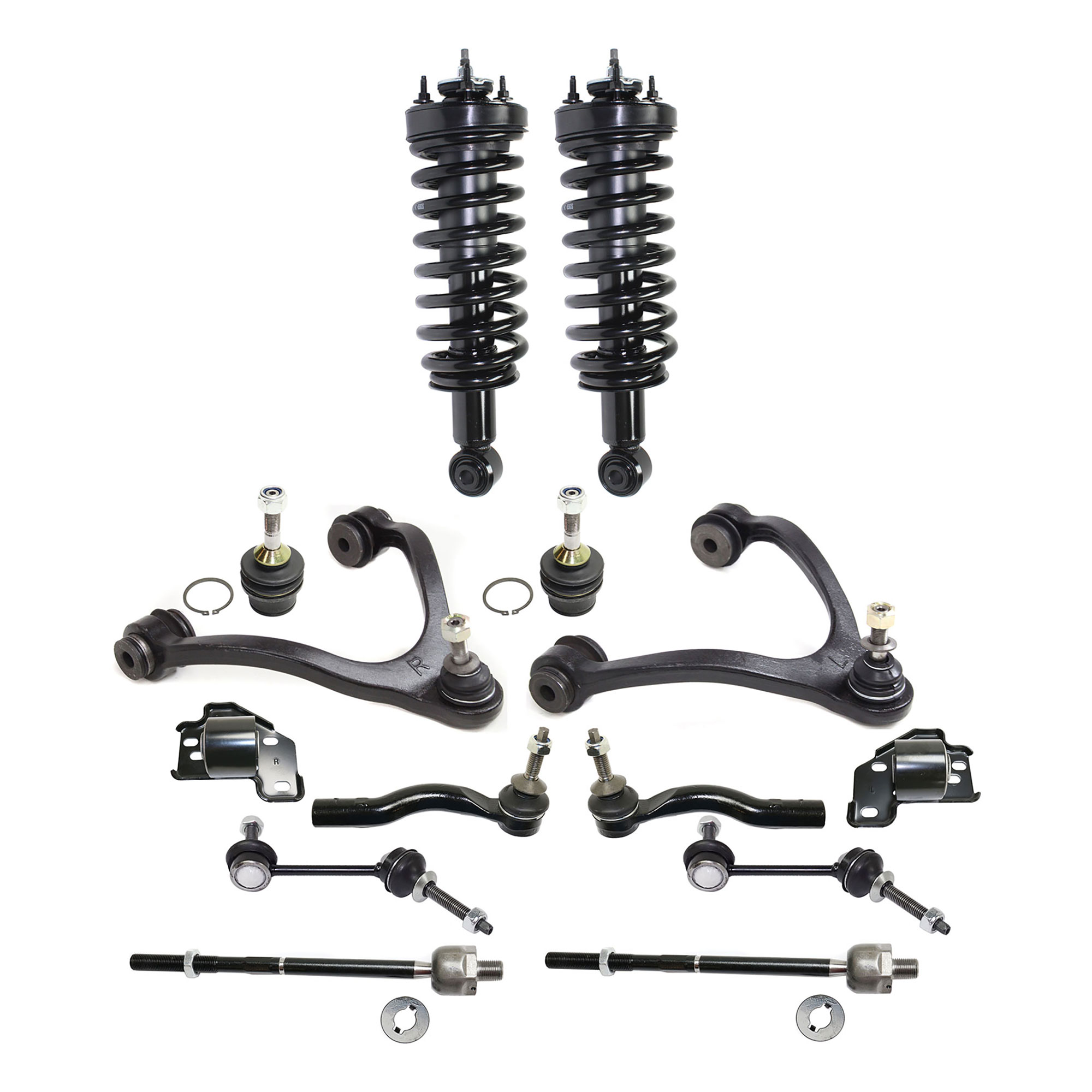 AM TOWN CAR CROWN VICTORIA 03-11 FRONT FULLY LOADED STRUT RH AND LH Gas Charged Twin tube 14 pc Kit with Control Arm Control Arm Bushing Ball Joint Tie Rod End Sway Bar Link SKU KIT 080317-99 OEM BW7Z18125B 7W7Z18124D 104381