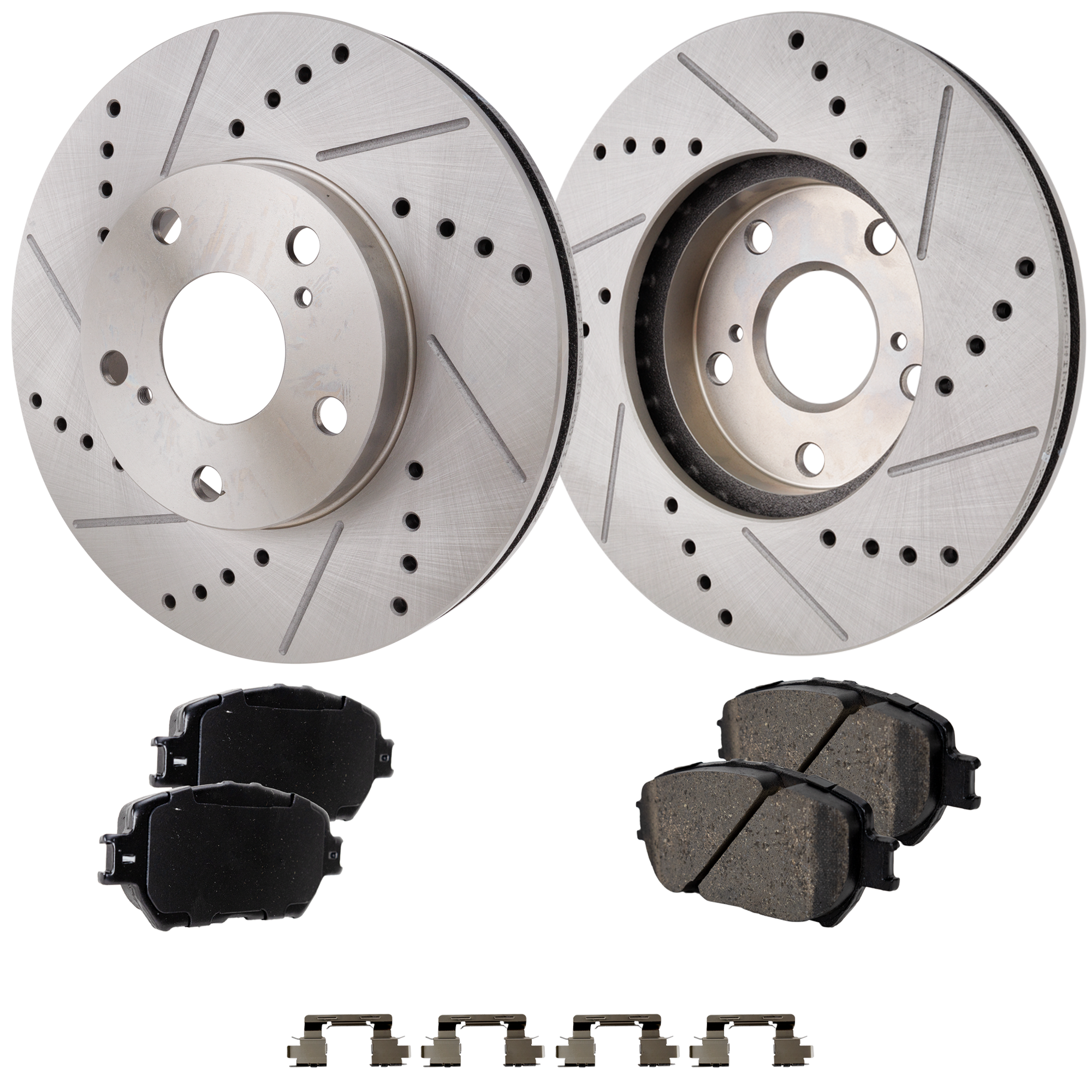 AM CAMRY 02-06 FRONT BRAKE DISC AND PAD KIT 4 pc Kit Cross drilled and Slotted SKU KIT 080422-01 OEM 368-19784-19949-25358-3105