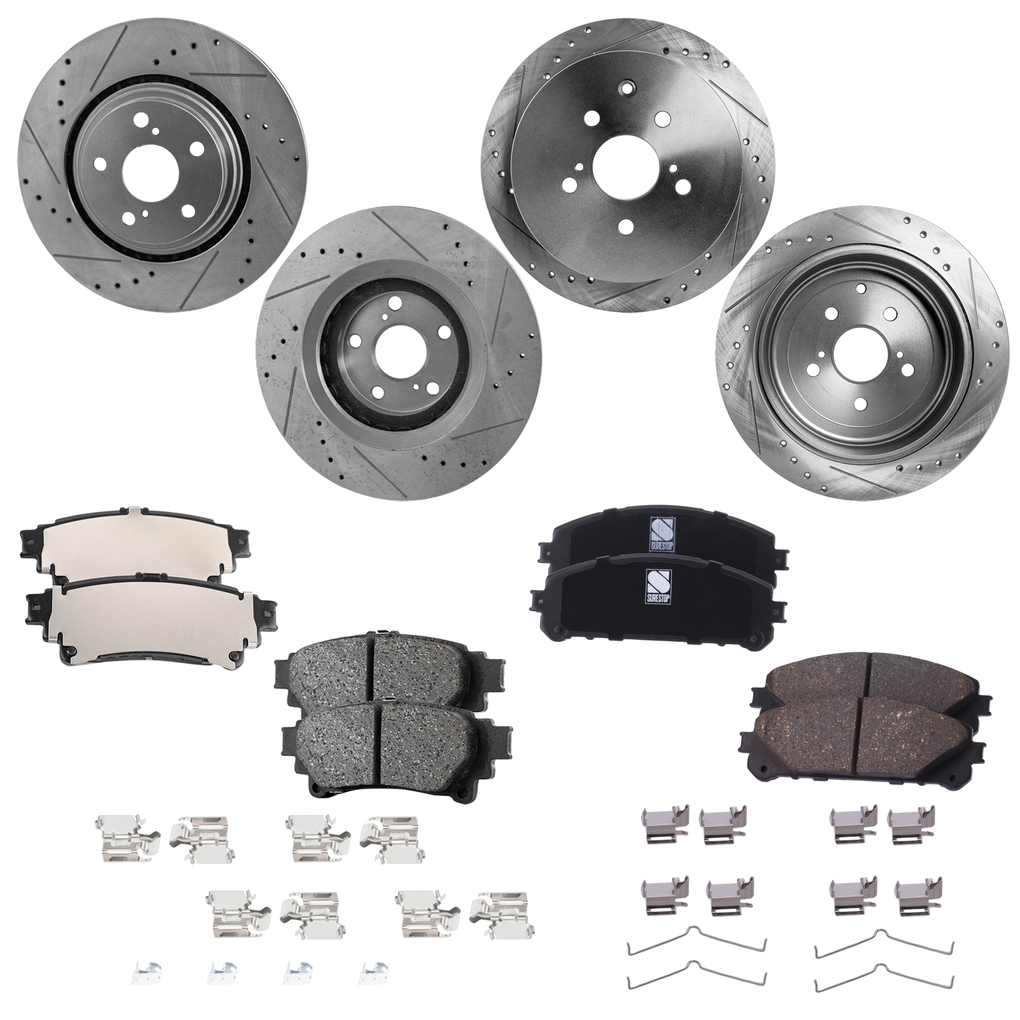 AM RX350 RX450H 10-15 SIENNA 11-20 FRONT AND REAR BRAKE DISC AND PAD KIT 8 pc kit Cross drilled and Slotted SKU KIT 080422-04 OEM 31544-44691-0833498-850191-600