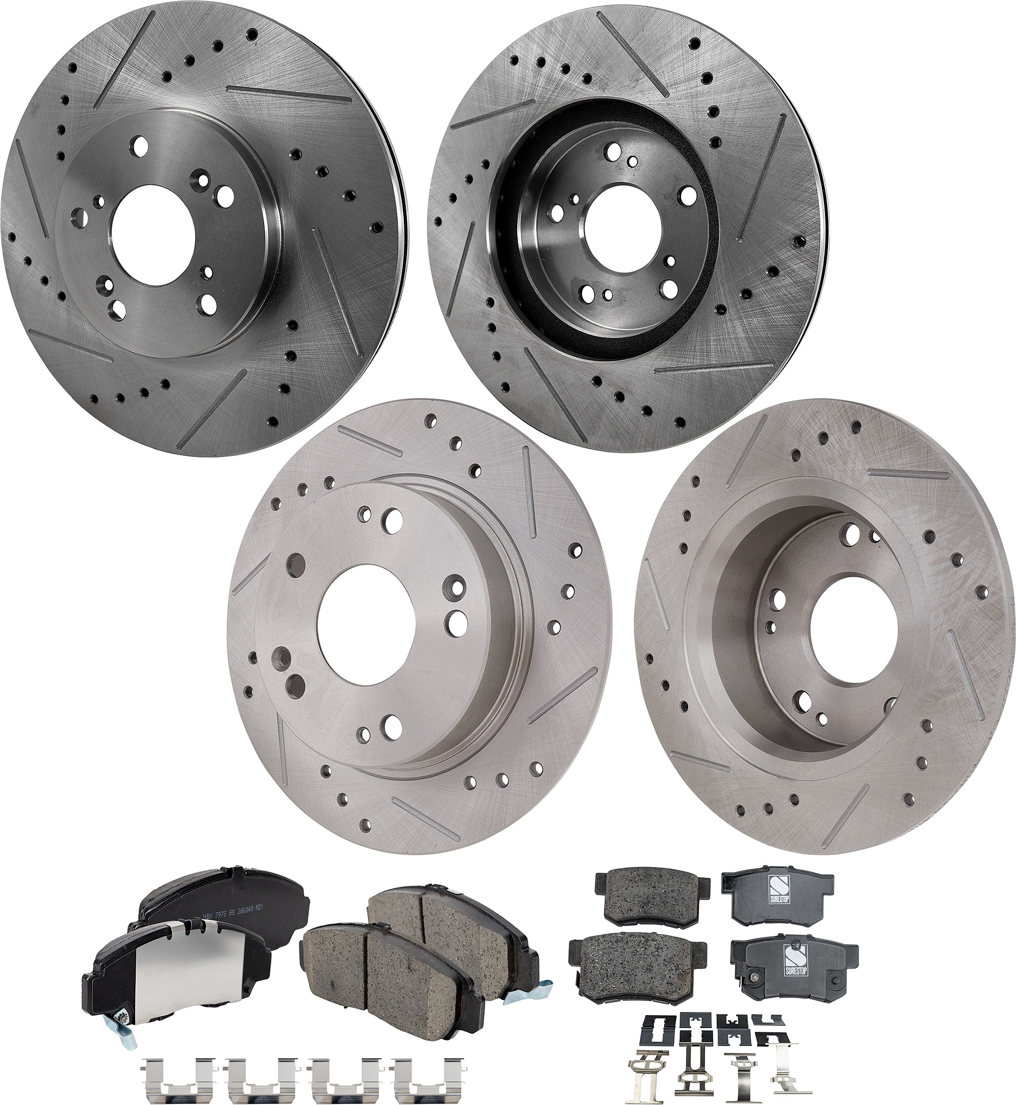 AM ACCORD 03-03 TSX 04-08 FRONT AND REAR BRAKE DISC AND PAD KIT 8 pc Kit Cross drilled and Slotted SKU KIT 080422-05 OEM 19930-31275-31354-31519-96