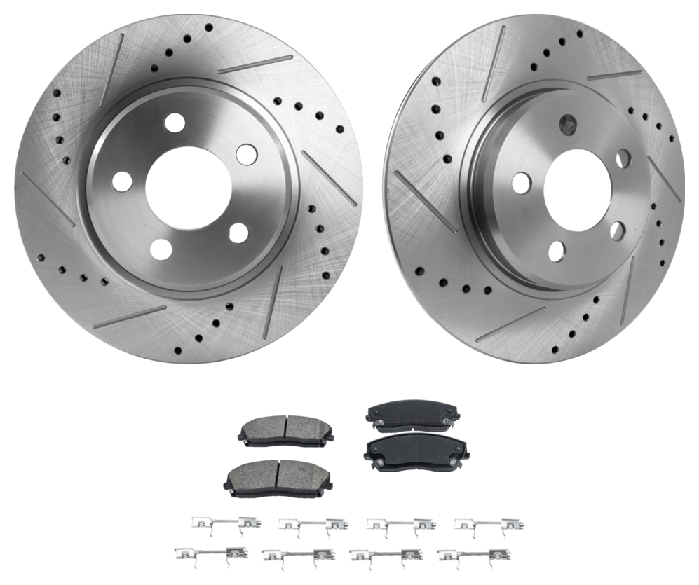 AM CHRYSLER 300-05-22 CHARGER 06-22 FRONT BRAKE DISC AND PAD KIT 2 Wheel Set Cross drilled and Slotted SKU KIT 080522-07 OEM 19367-43086-53022-780255-90024
