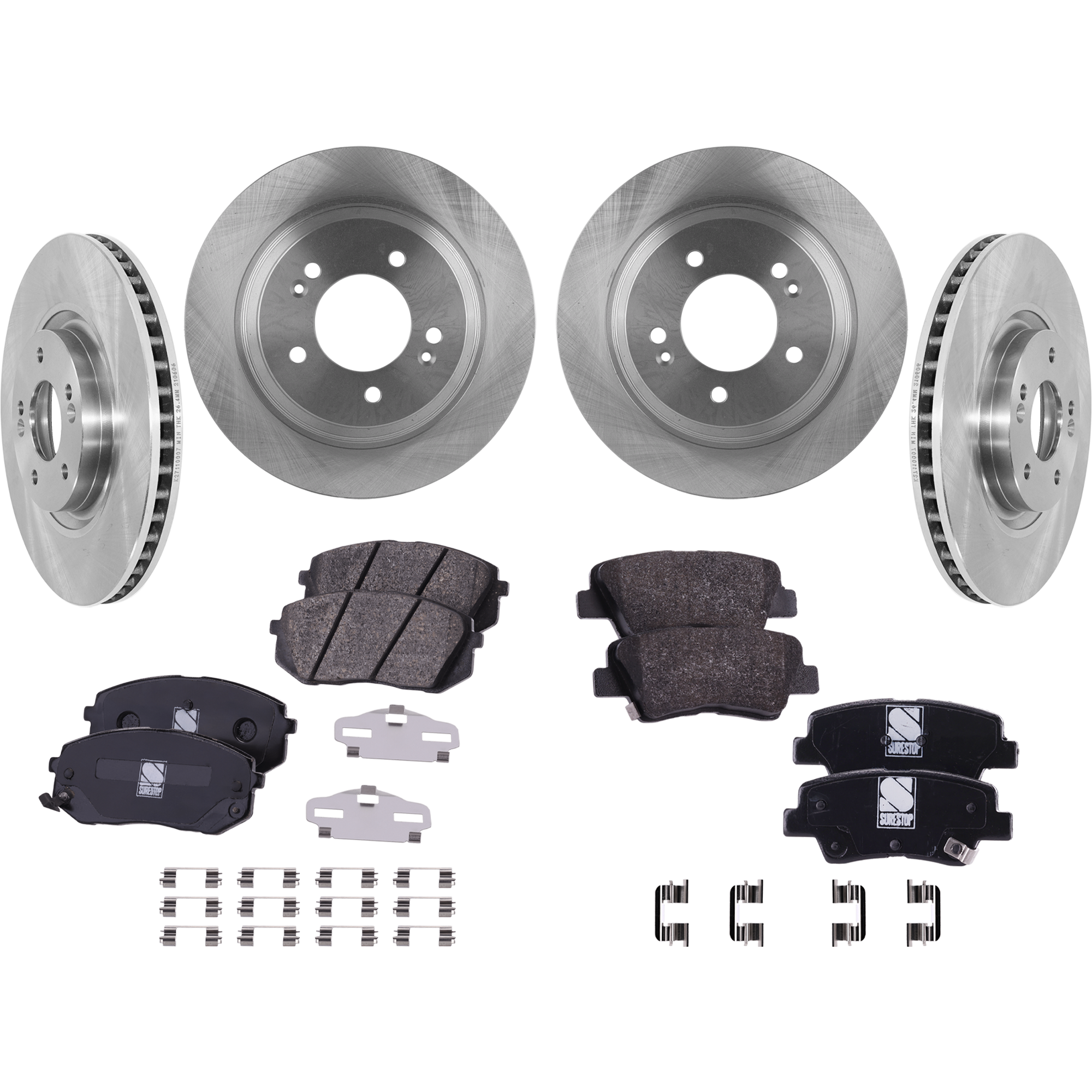 AM CADENZA 14-16 FRONT AND REAR BRAKE DISC AND PAD KIT 8 pc kit Plain Surface SKU KIT 080621-1186 OEM 44766-850354-60021014-901430G