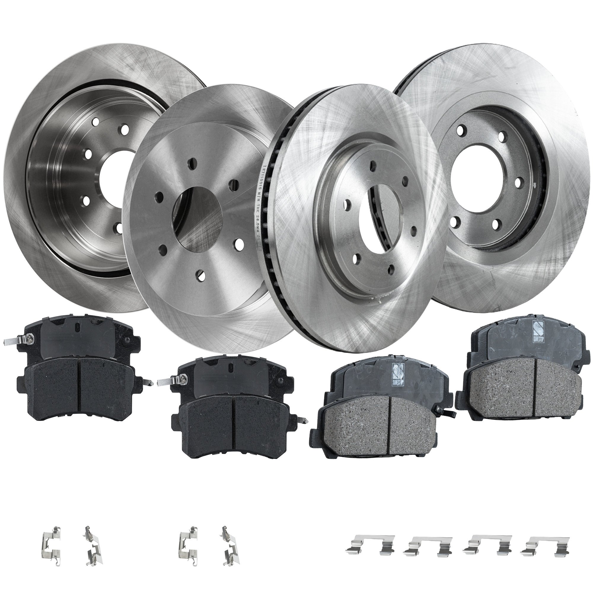 AM QX56-11-13 QX80-14-20 ARMADA 17-22 FRONT AND REAR BRAKE DISC AND PAD KIT 8 pc kit Plain Surface SKU KIT 080621-1218 OEM 31571-44721-850249-12142113-60