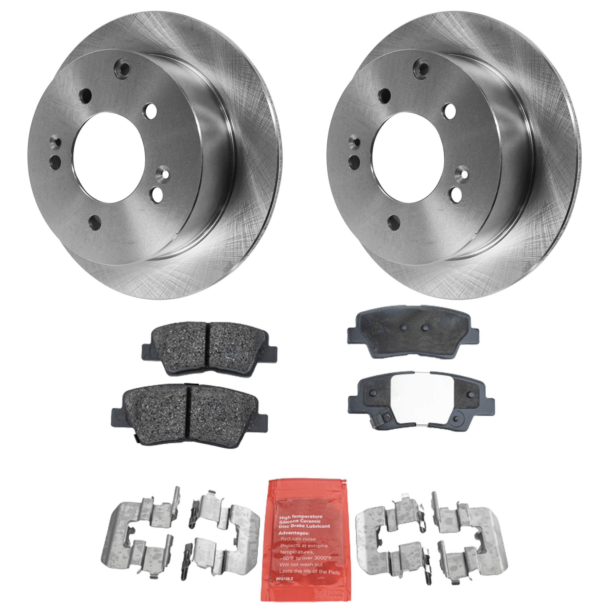 AM SOUL 10-13 REAR BRAKE DISC AND PAD KIT 2 Wheel Set SKU KIT 080621-1303 OEM 584110Q300-584112K300-584112K3