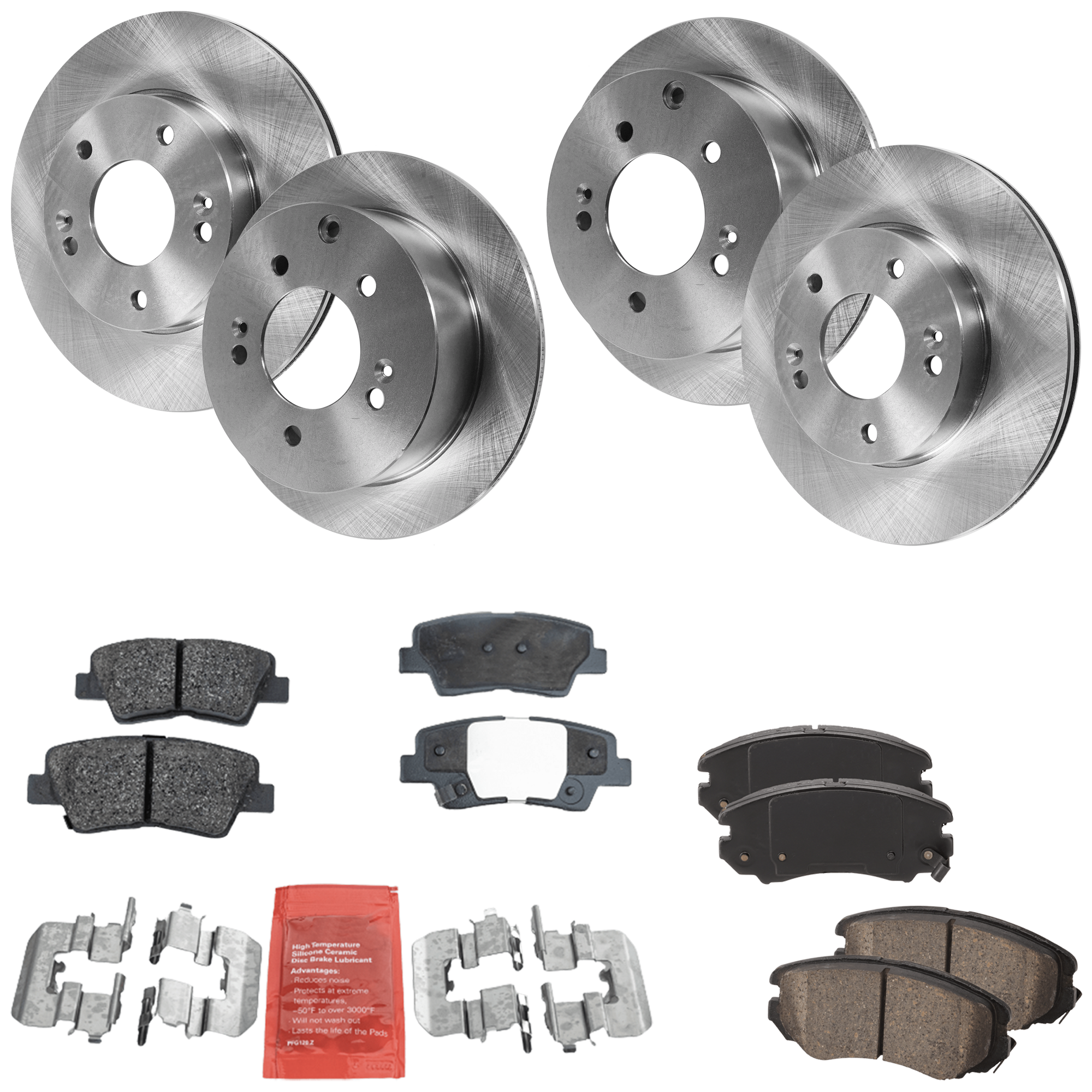 AM SOUL 10-11 FRONT AND REAR BRAKE DISC AND PAD KIT 8 pc kit Plain Surface SKU KIT 080621-1366 OEM 584110Q300-584112K300-584112K3